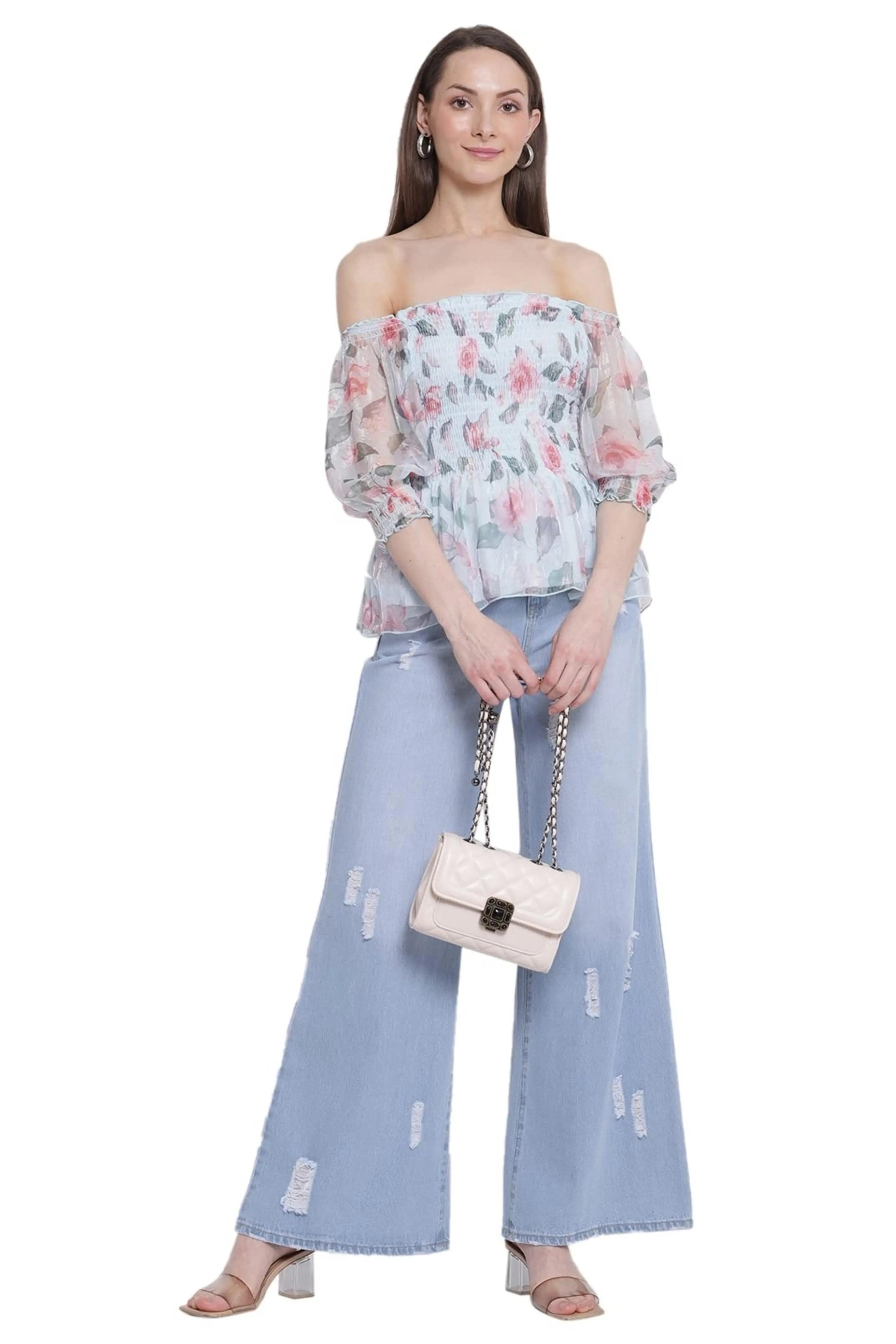 Off-Shoulder Blue Floral Print Peplum Top - Global Republic