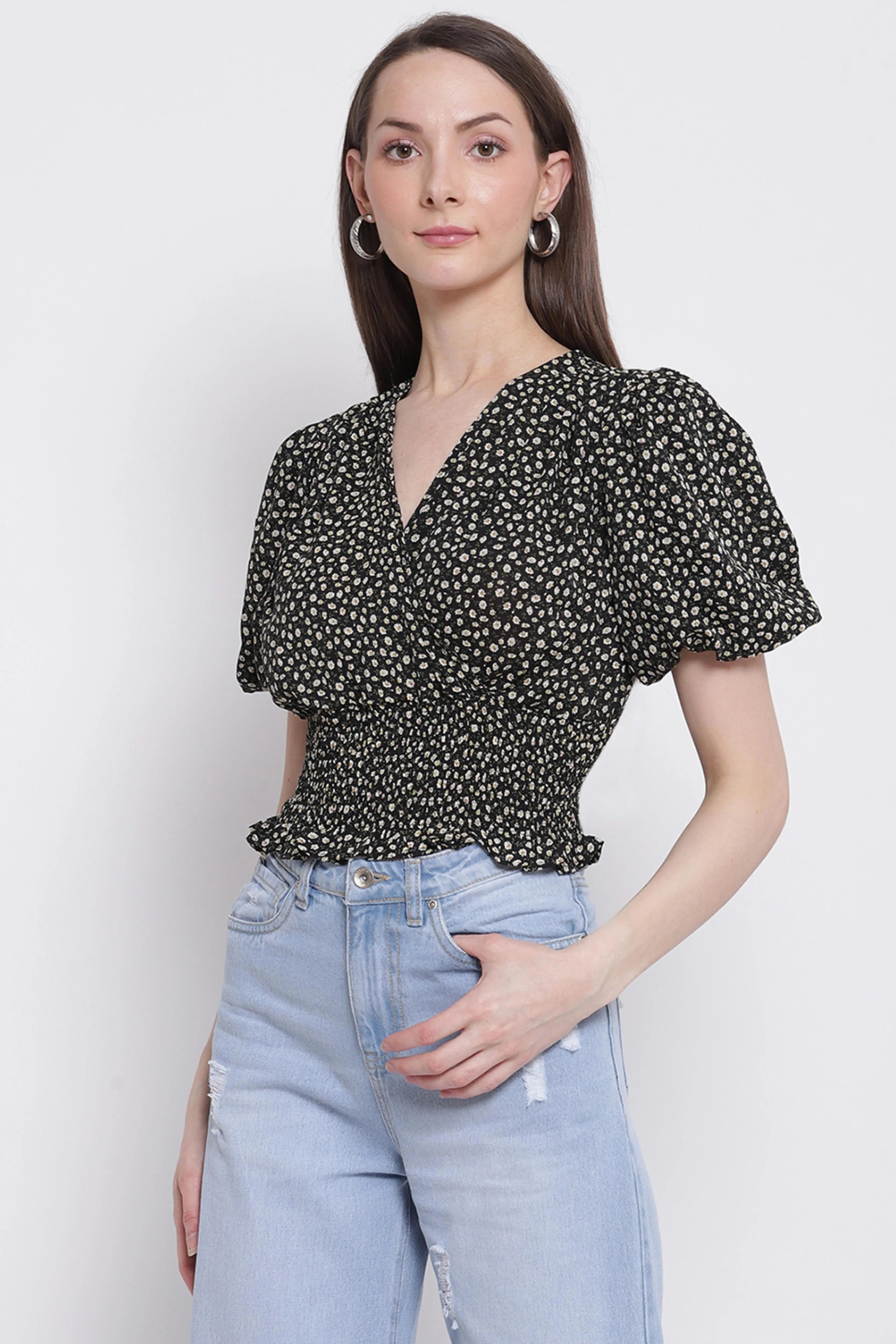 Women Black Colour Floral Print Crop Top