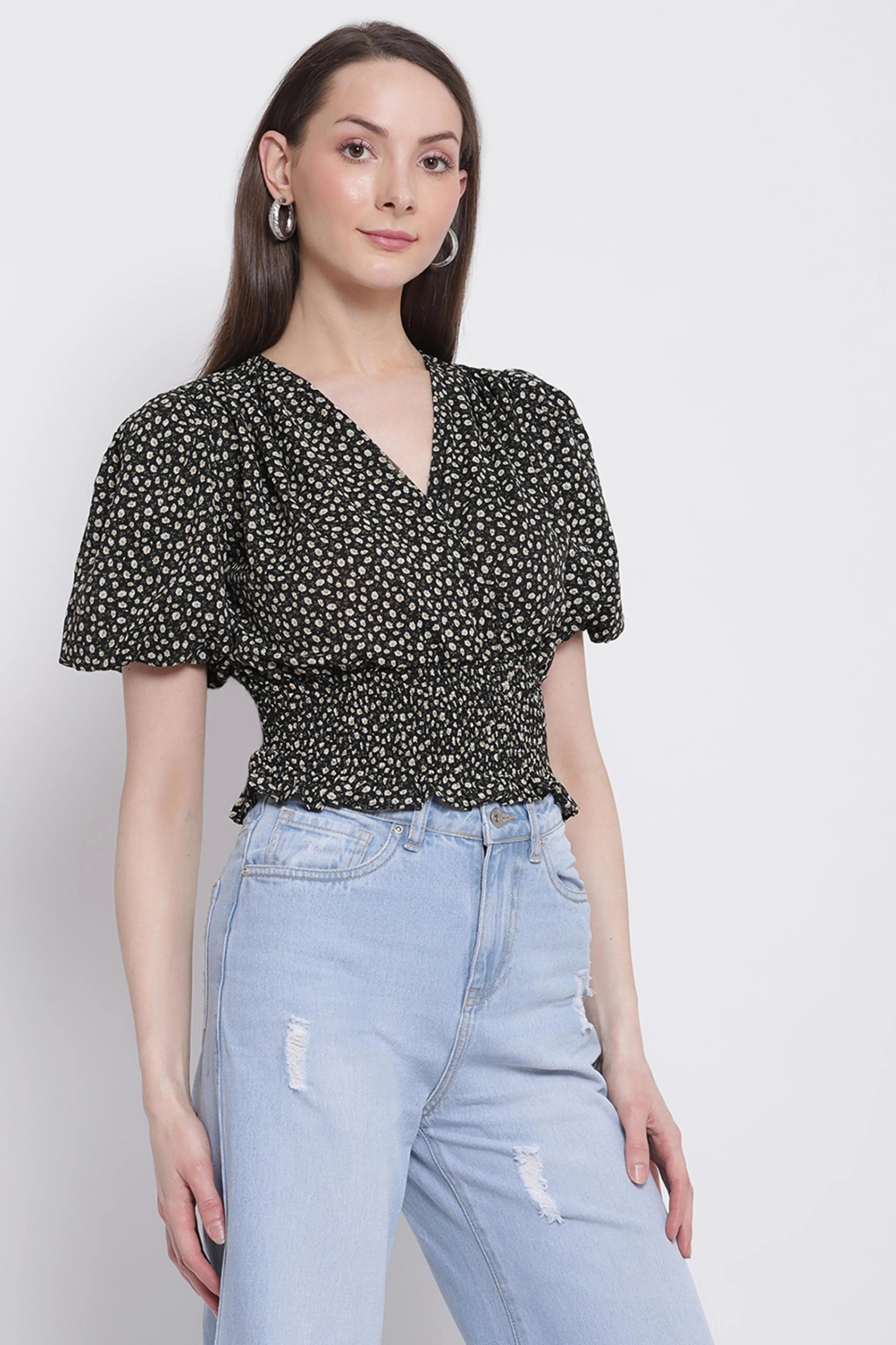 Women Black Colour Floral Print Crop Top