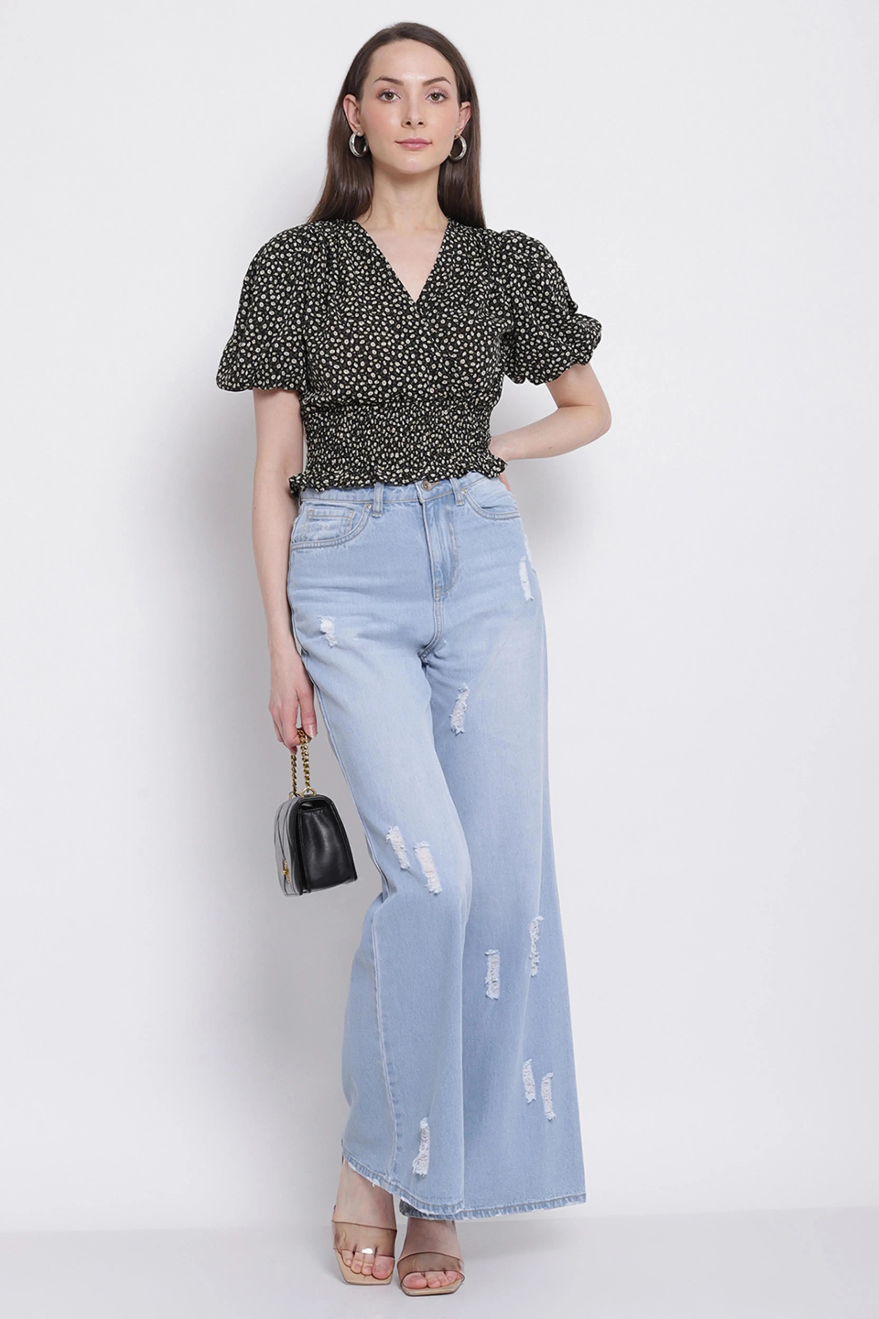 Women Black Colour Floral Print Crop Top - Global Republic