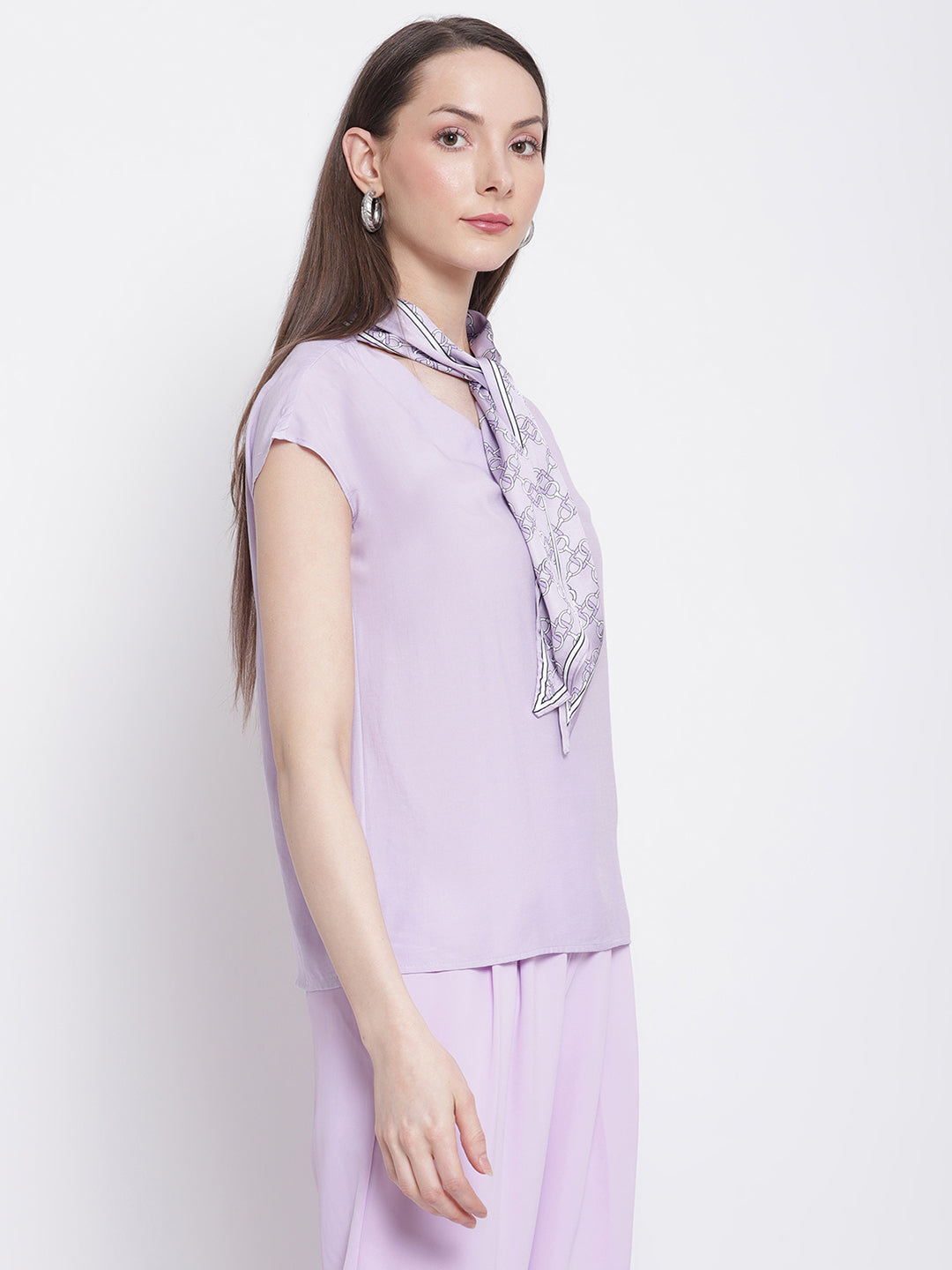 Women Solid V-Neck Top with Scarf - Global Republic