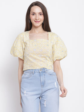 Women Square Neck Blouson Top with Tie-Knot at Back