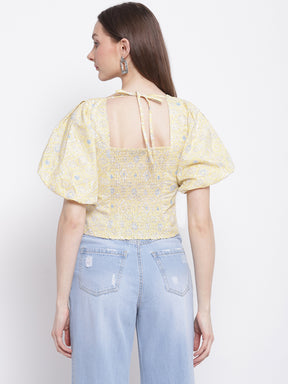 Women Square Neck Blouson Top with Tie-Knot at Back