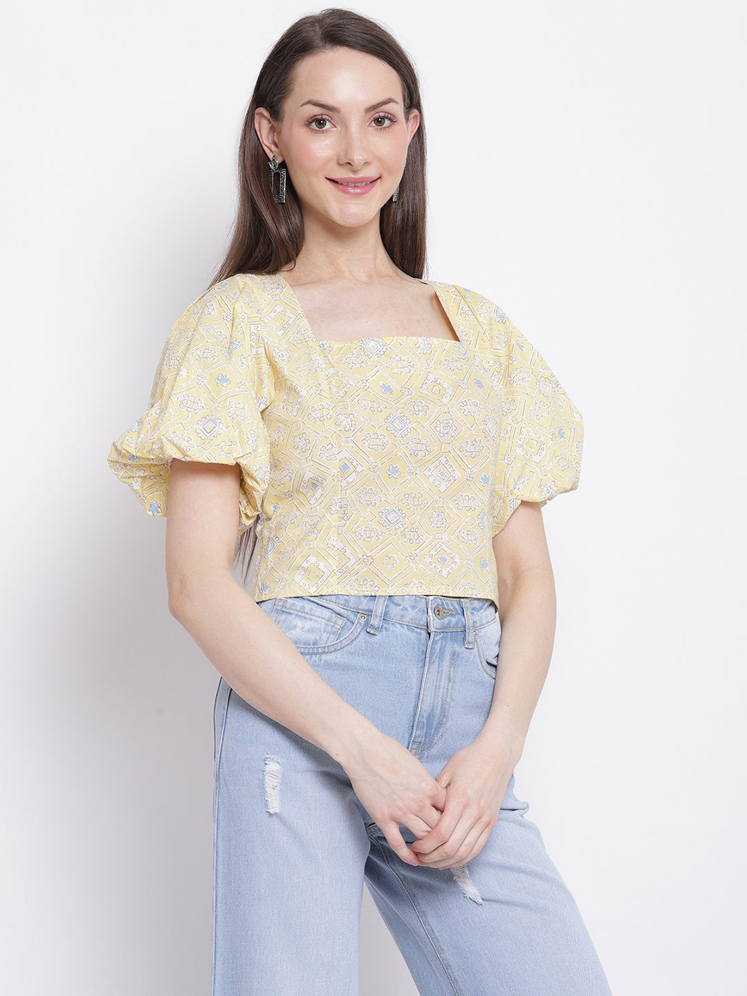 Women Square Neck Cropped Top with Tie-Knot at Back