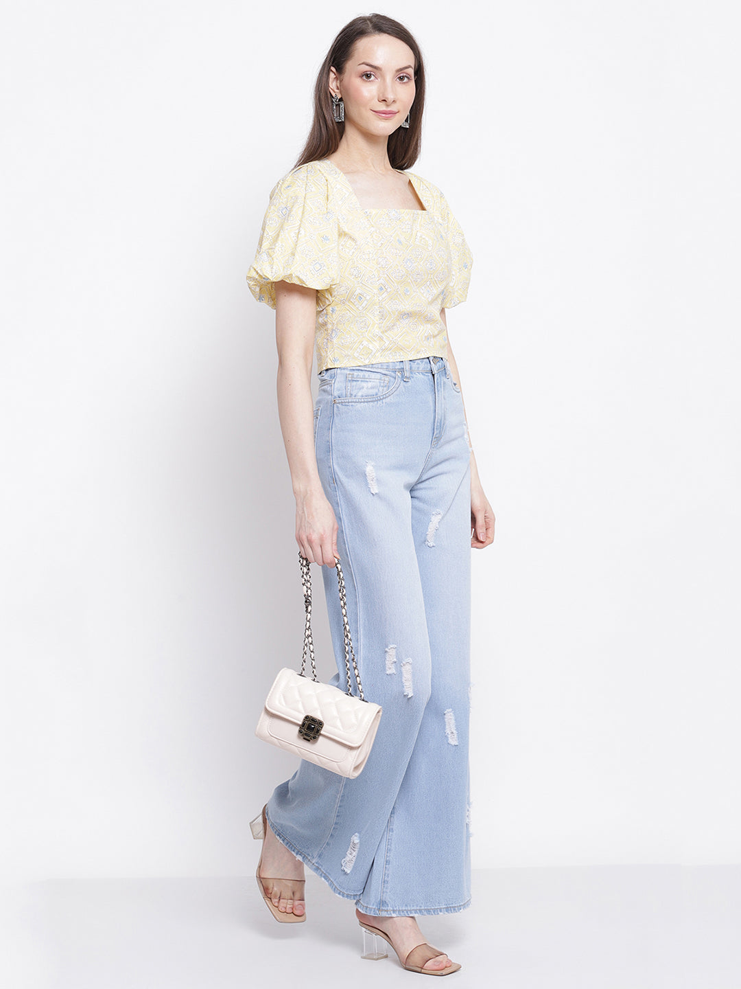 Women Square Neck Blouson Top with Tie-Knot at Back