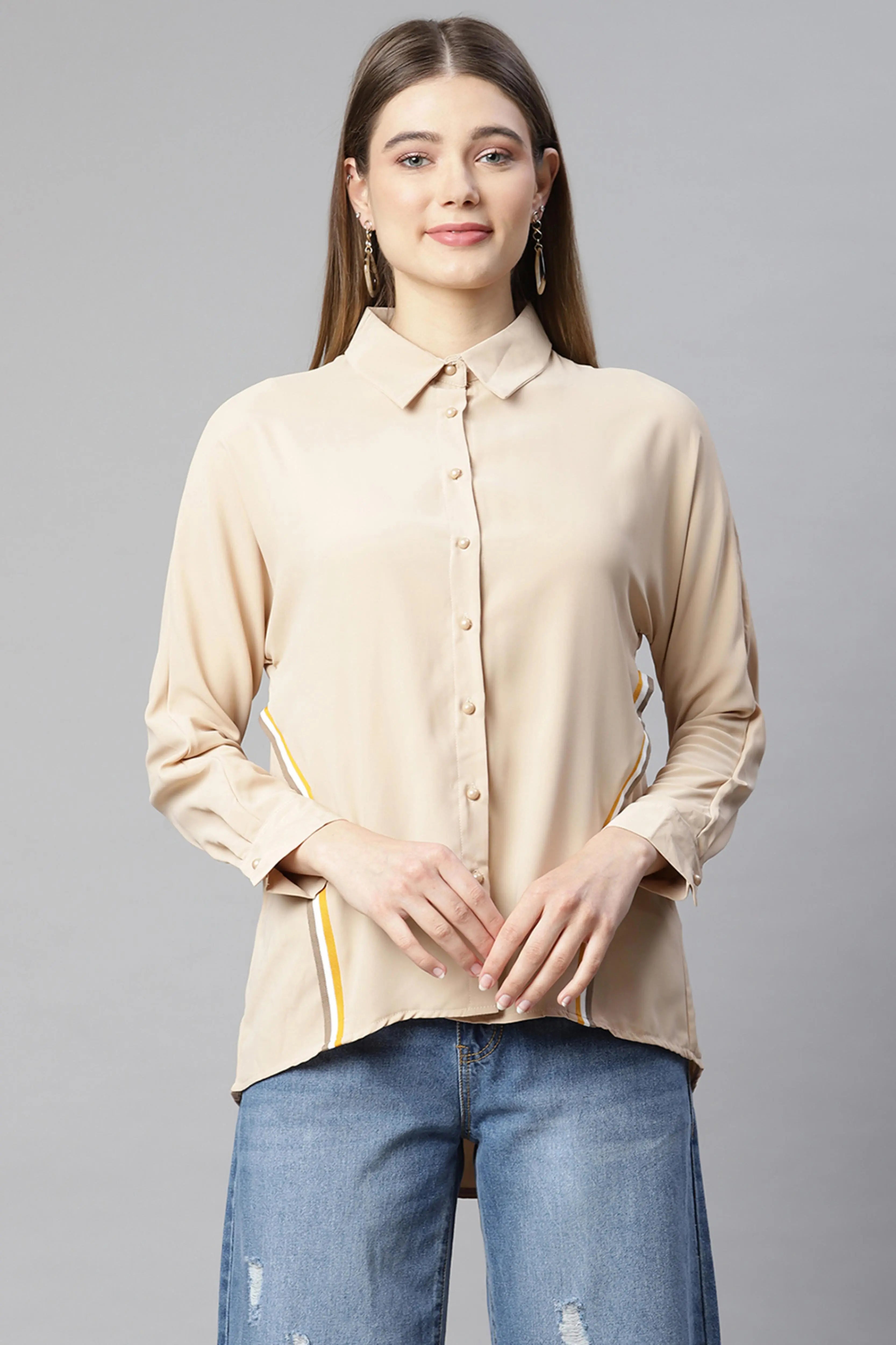 women beige striped long shirt