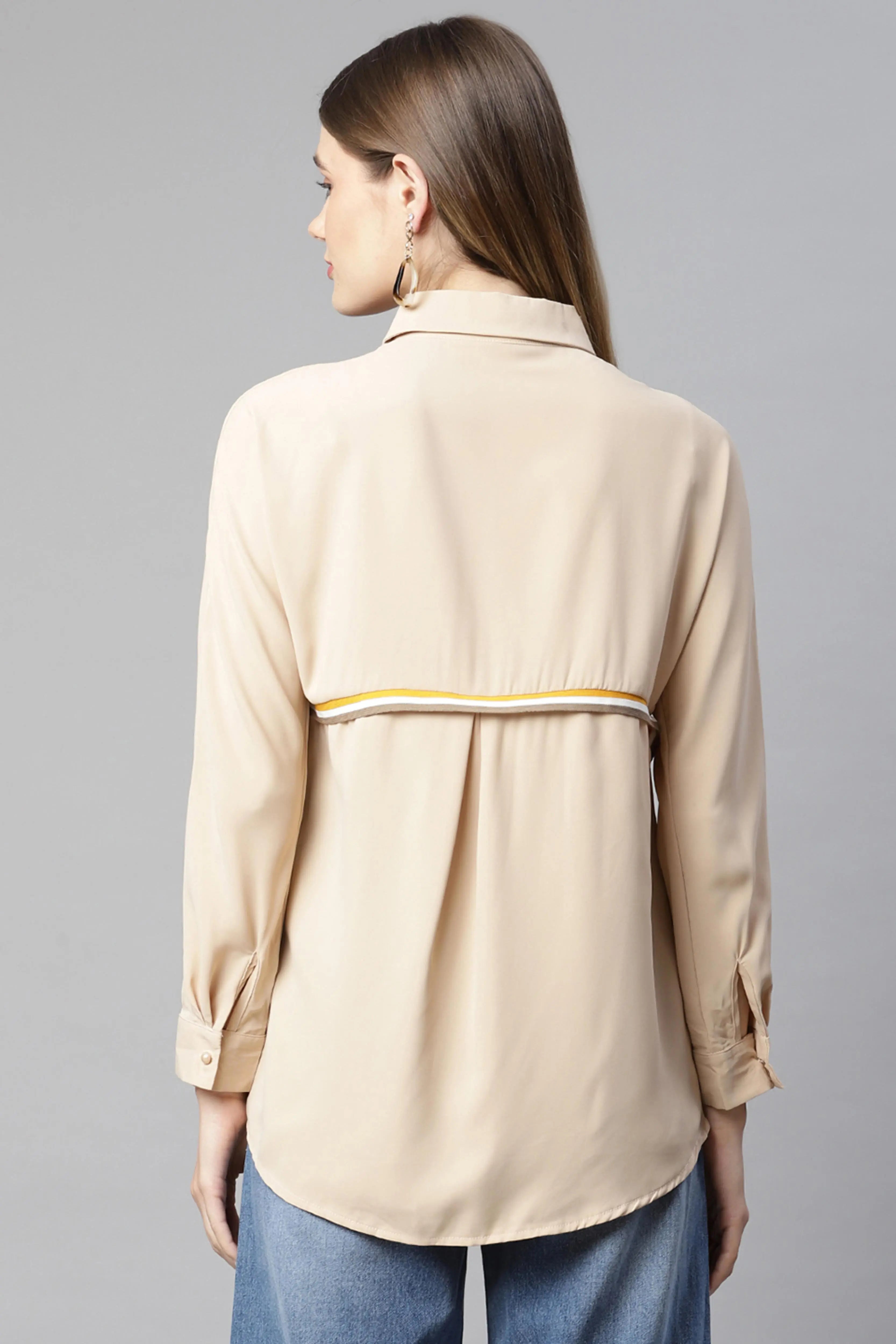 women beige striped long shirt