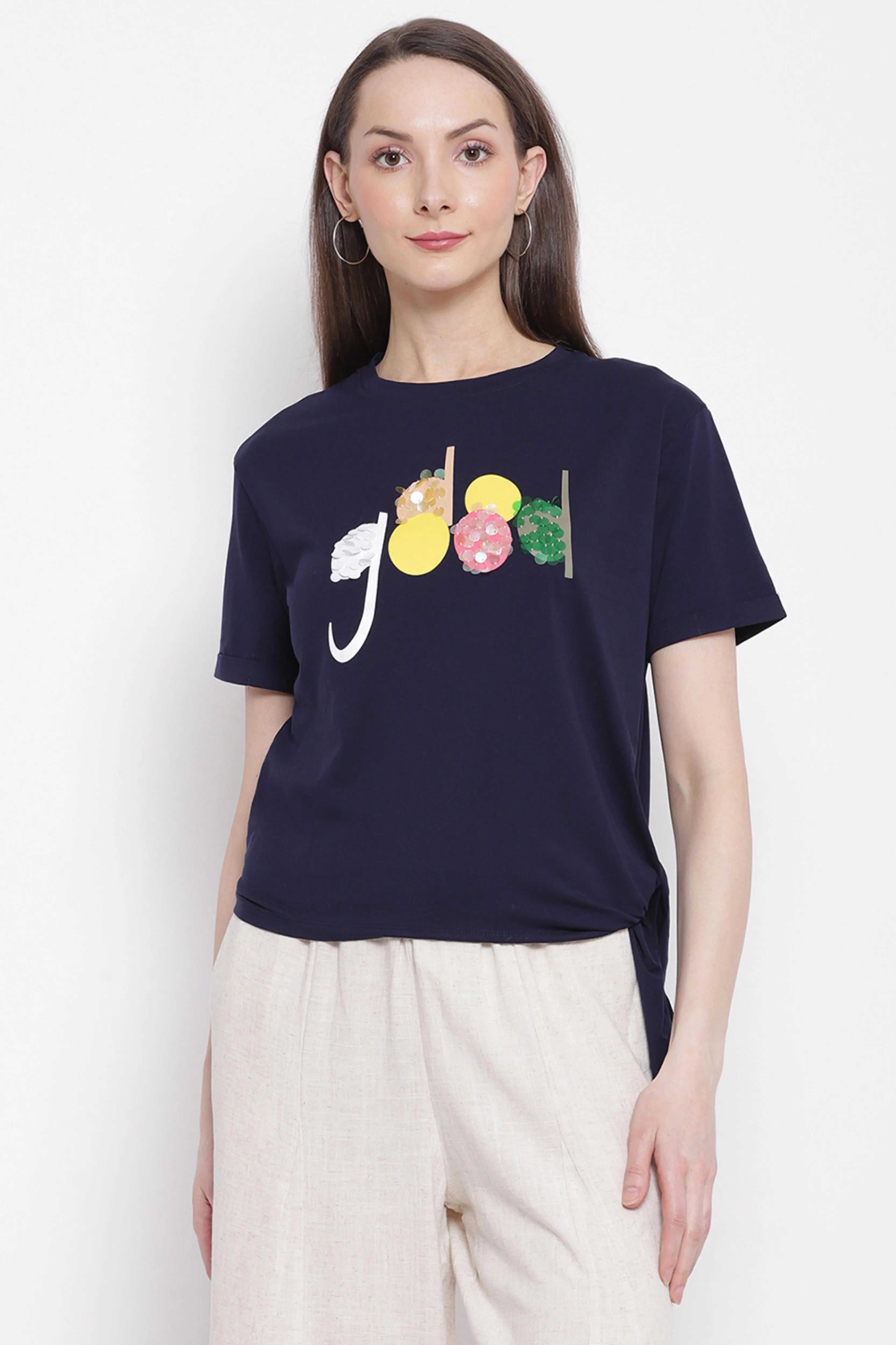 Women Navy Blue Printed Top with Knot Details at Hem