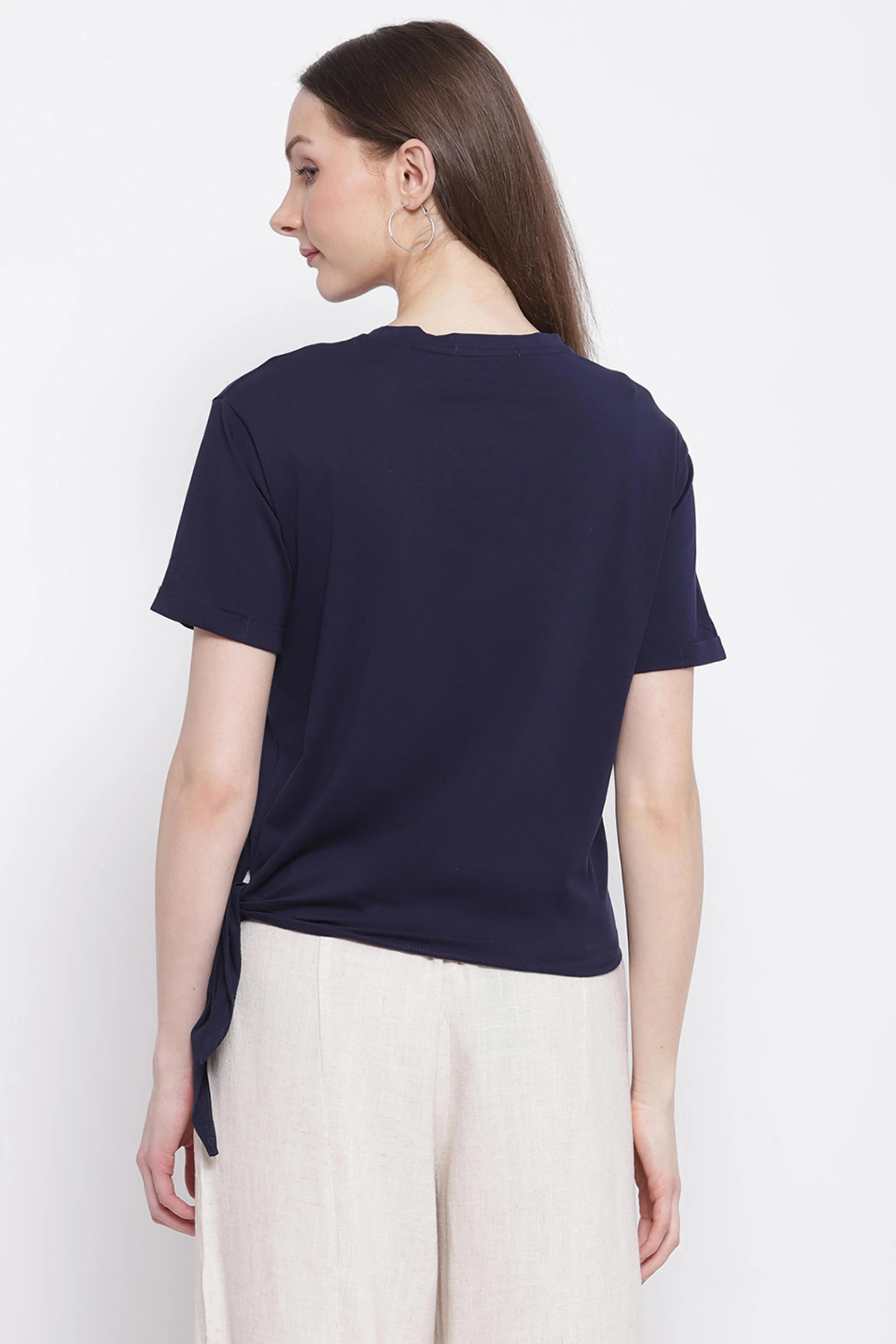 Women Navy Blue Printed Top with Knot Details at Hem