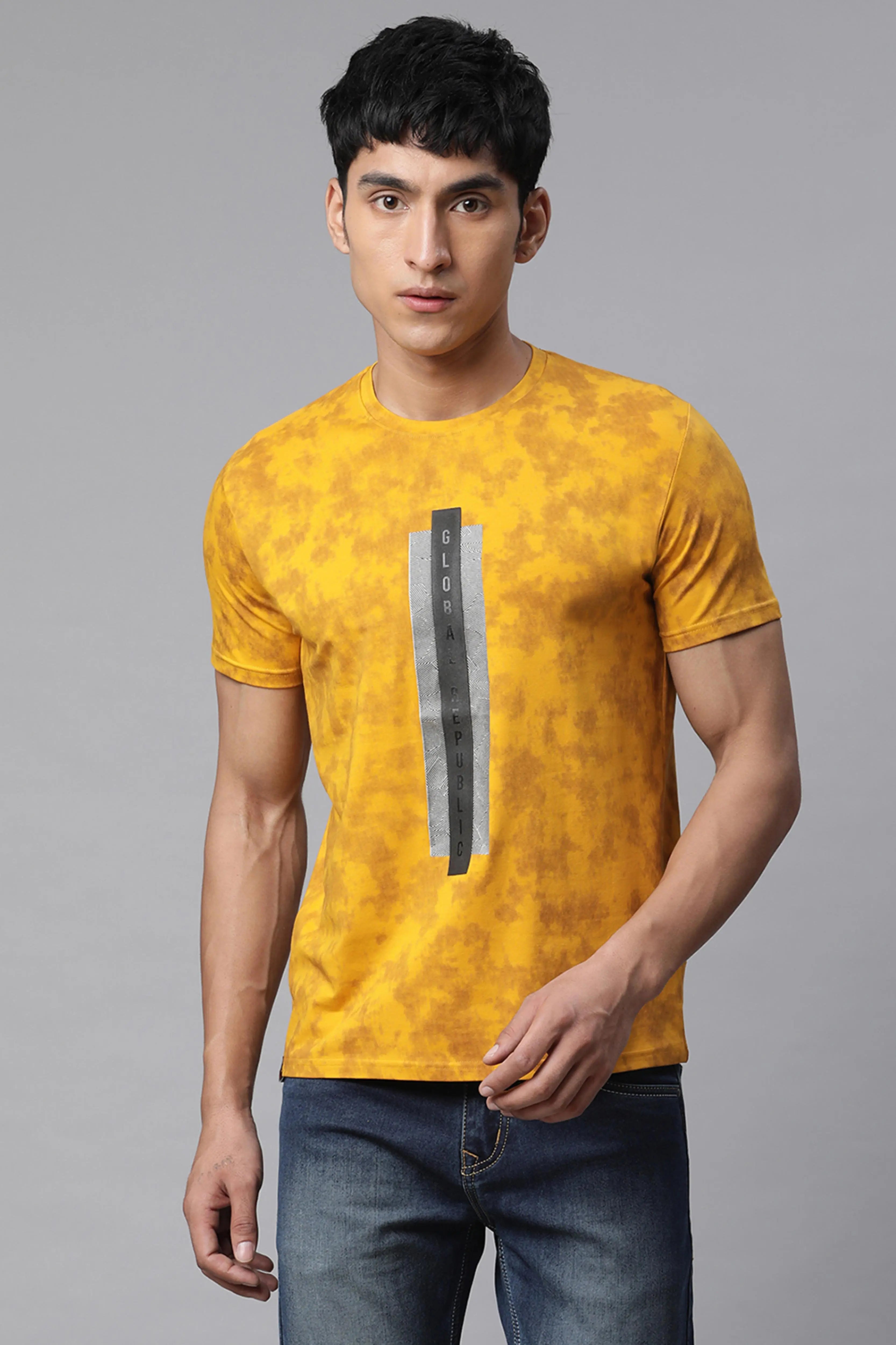Men Mustard Alpha Printed Illusion T-Shirt - Global Republic