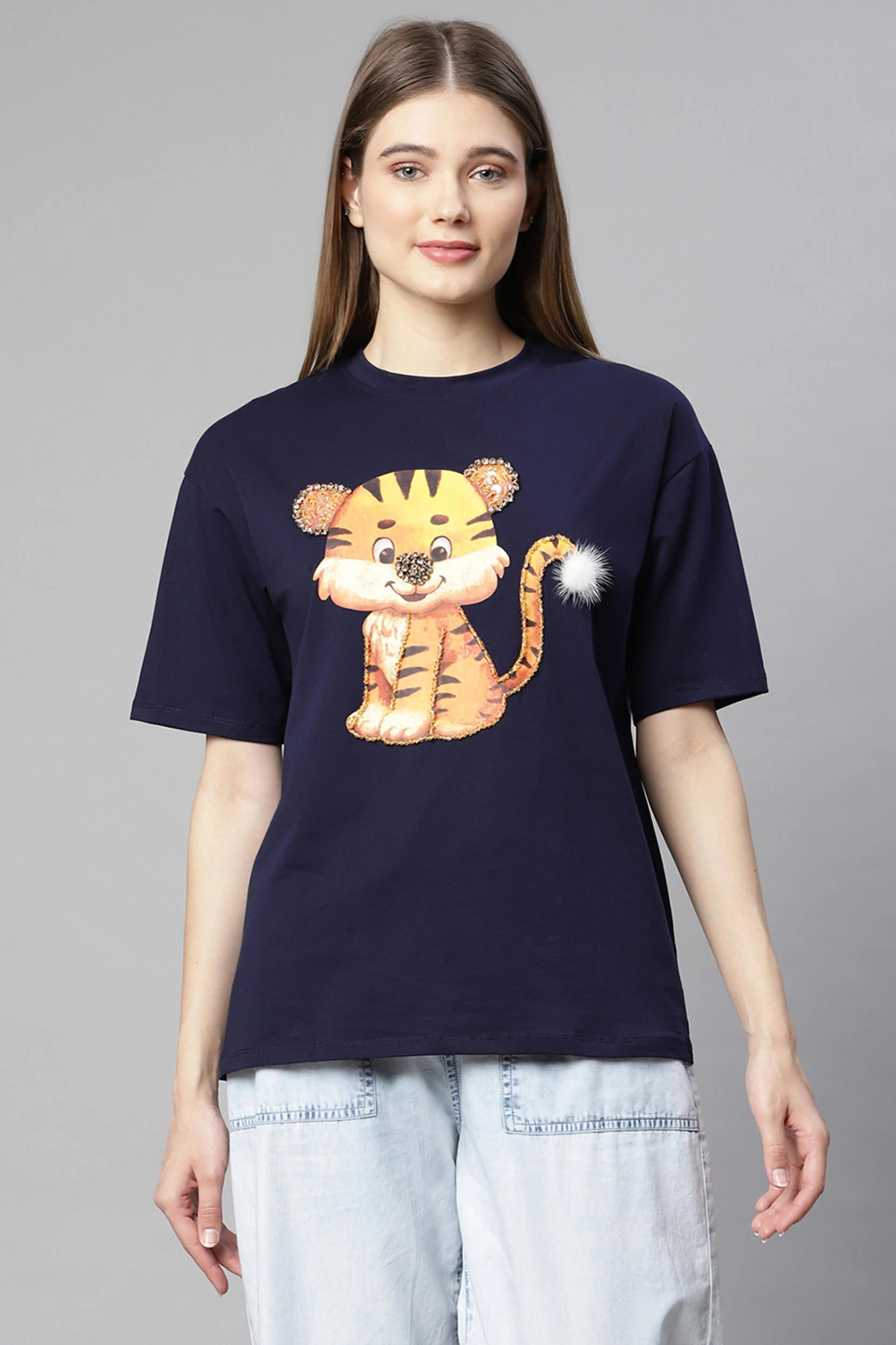 Women blue animation printed tee t-shirt