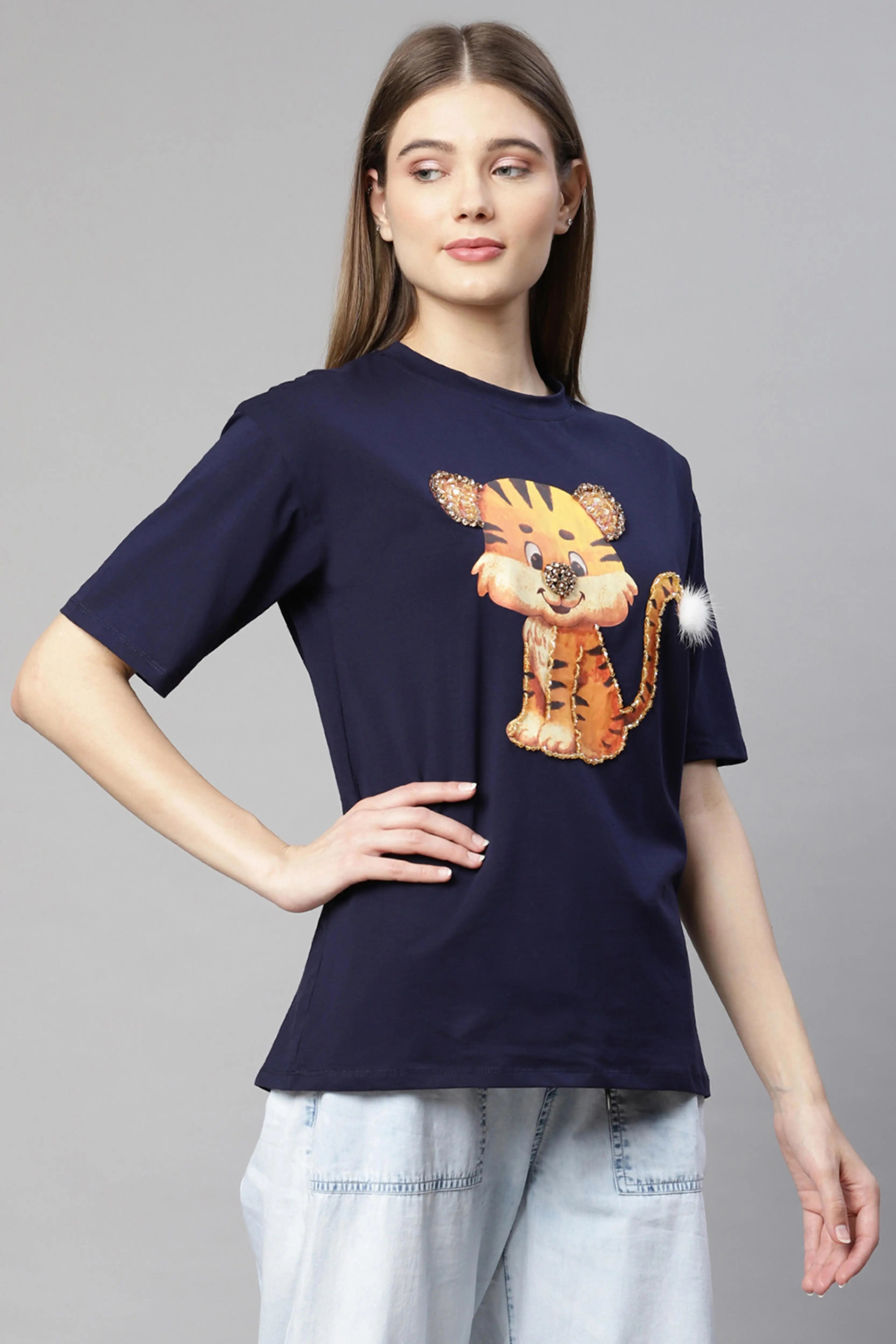 Women blue animation printed tee t-shirt