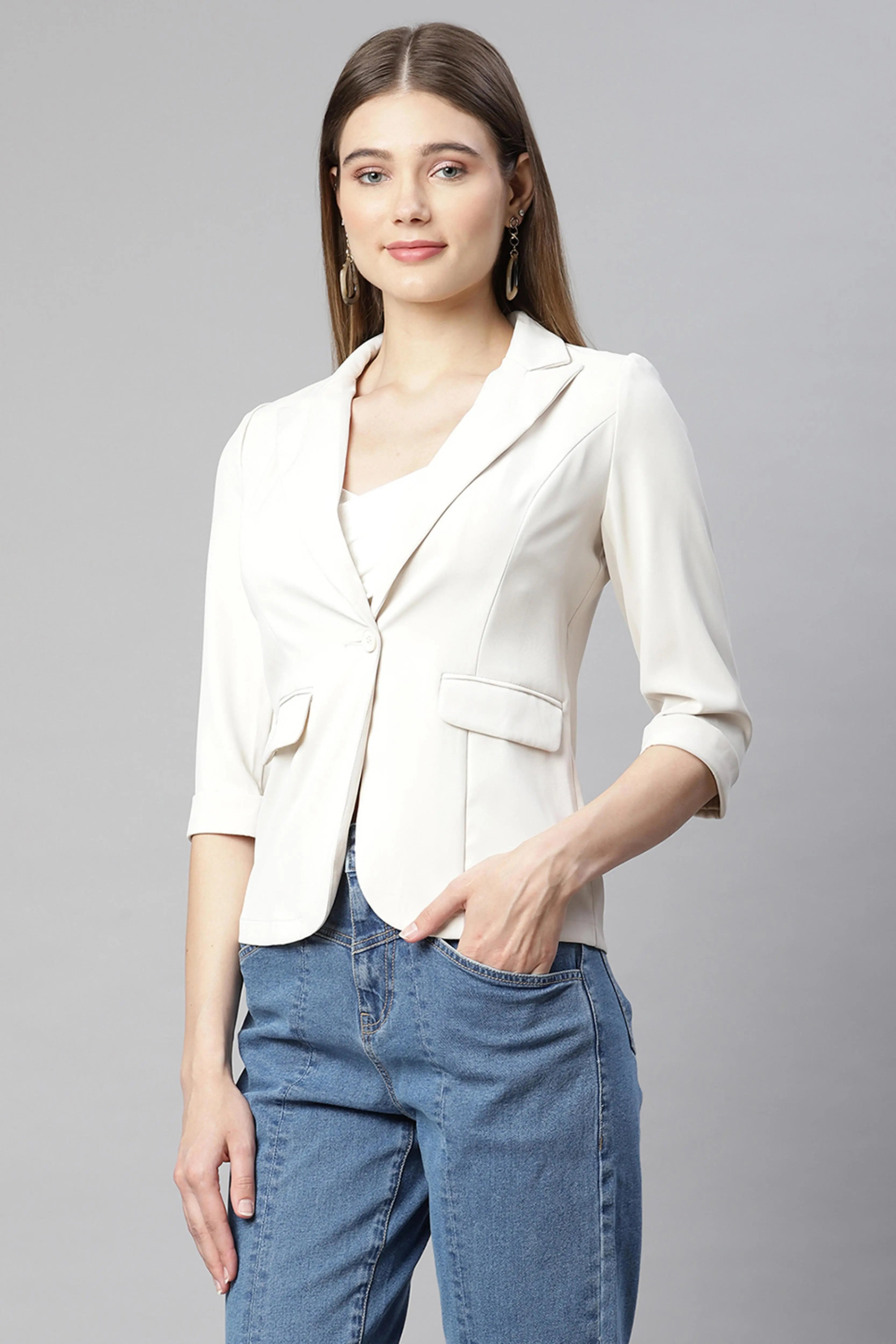 Beige Regular Fit Formal Blazer - Global Republic