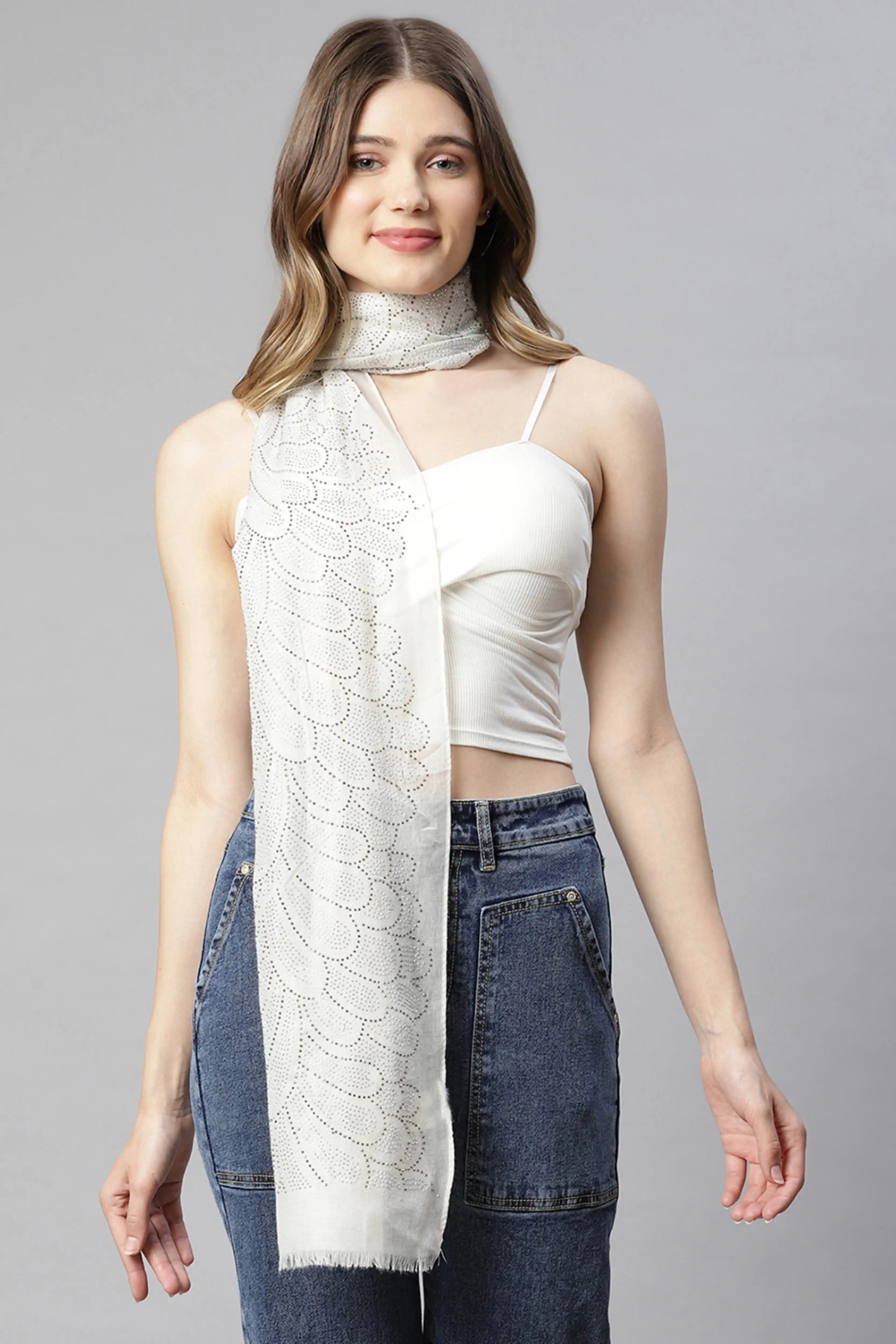 Women White Aplic Work Stole