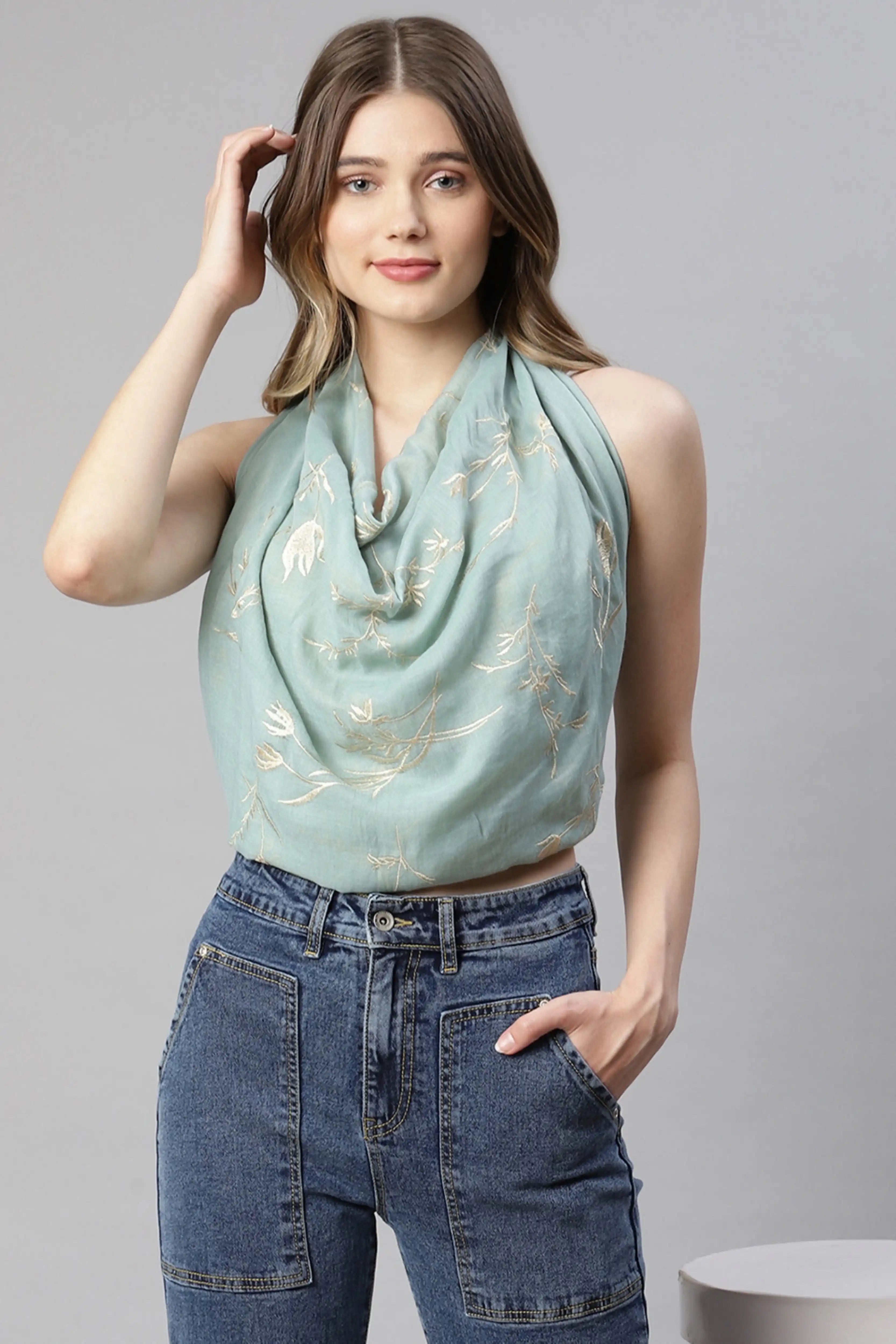 Women Olive leafs thread motif Stole