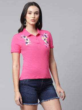 Women Slim Fit Navy Blue Polo Embroidery T-Shirt