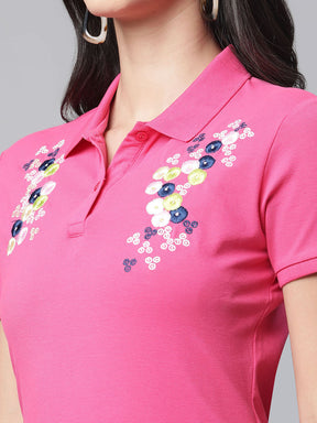 Women Slim Fit Navy Blue Polo Embroidery Top - Global Republic