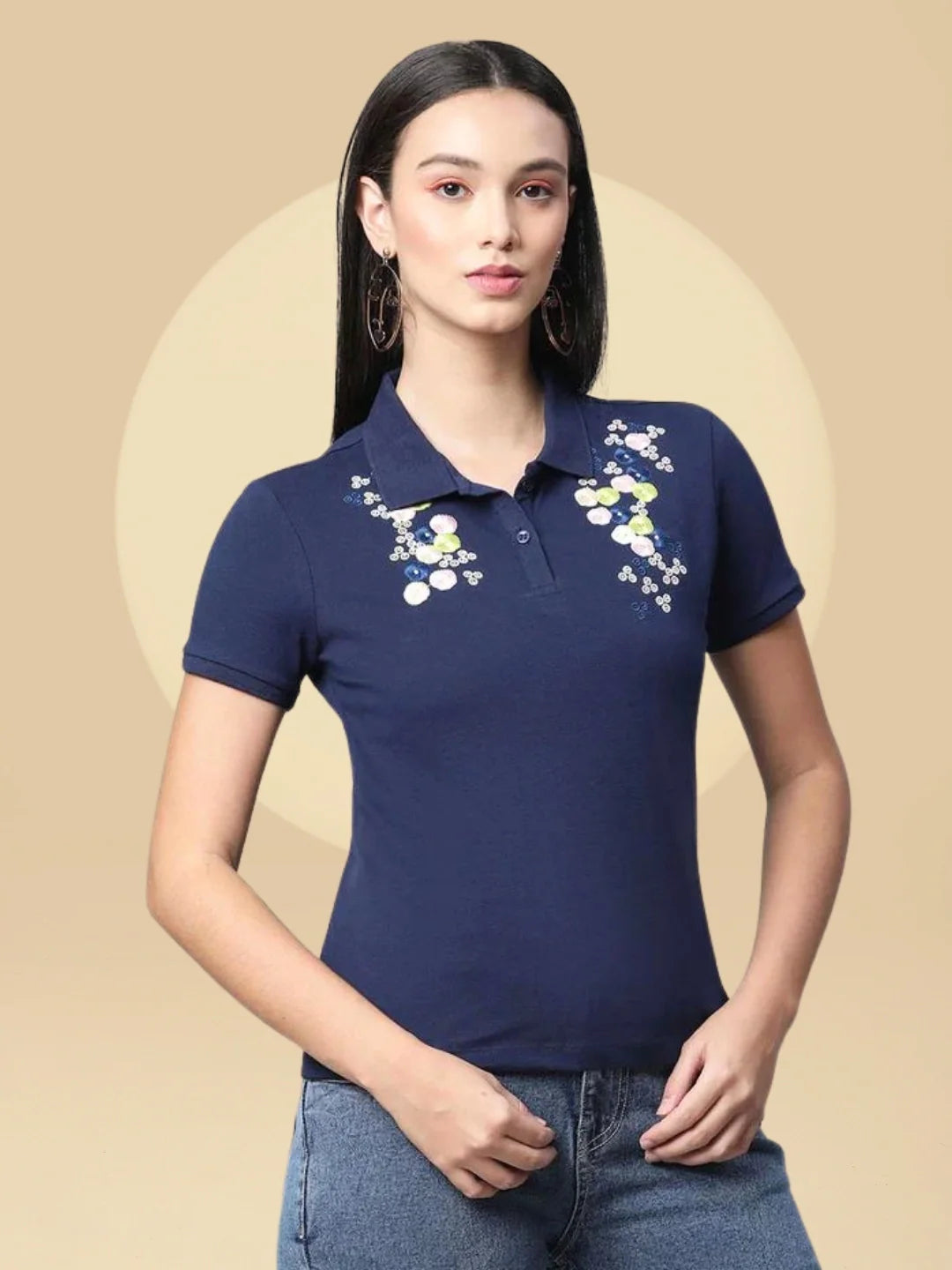 Slim Fit Navy Blue Polo Embroidery Top S SM2798903