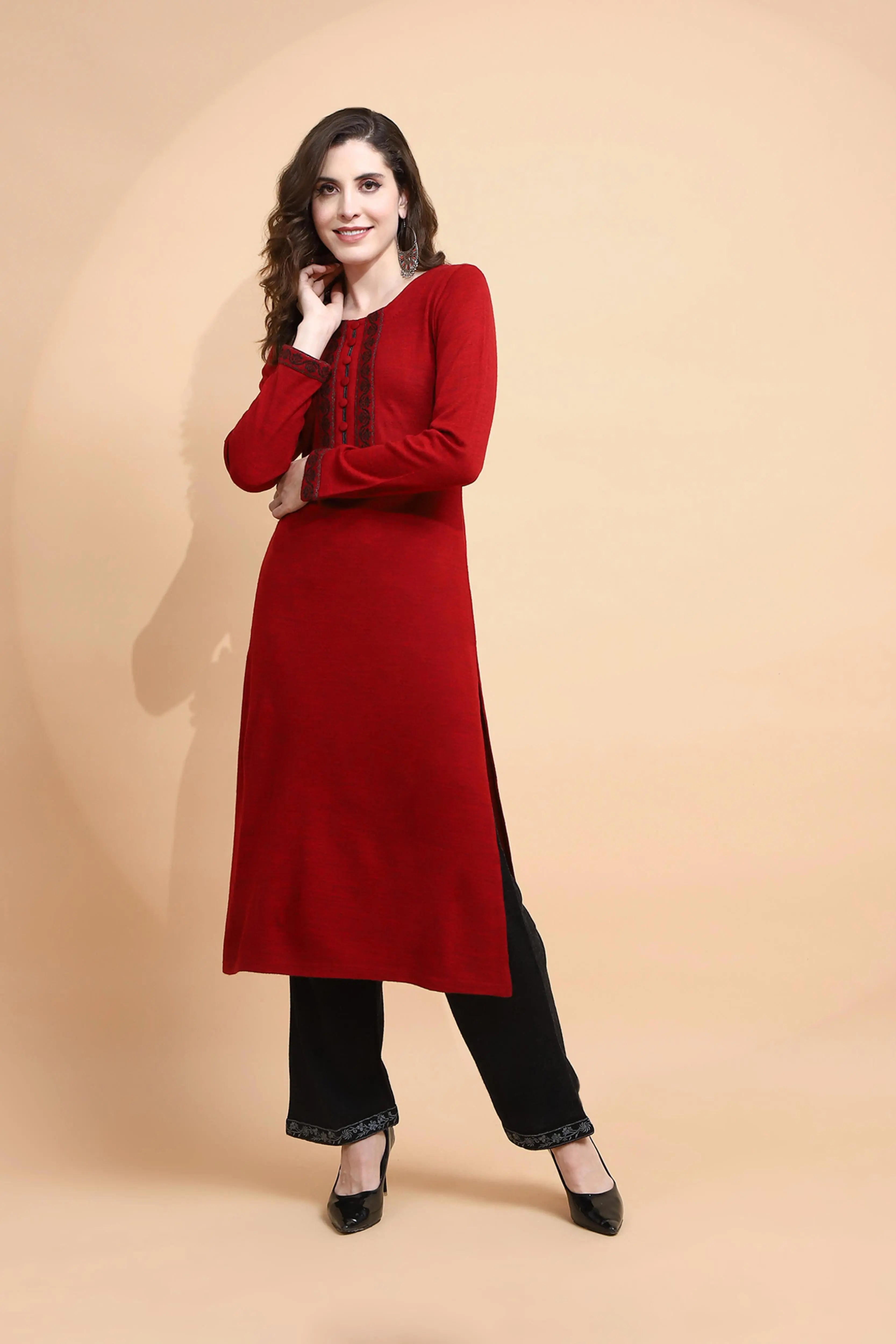 Maroon Woolen Regular Fit Kurta For Women - Global Republic