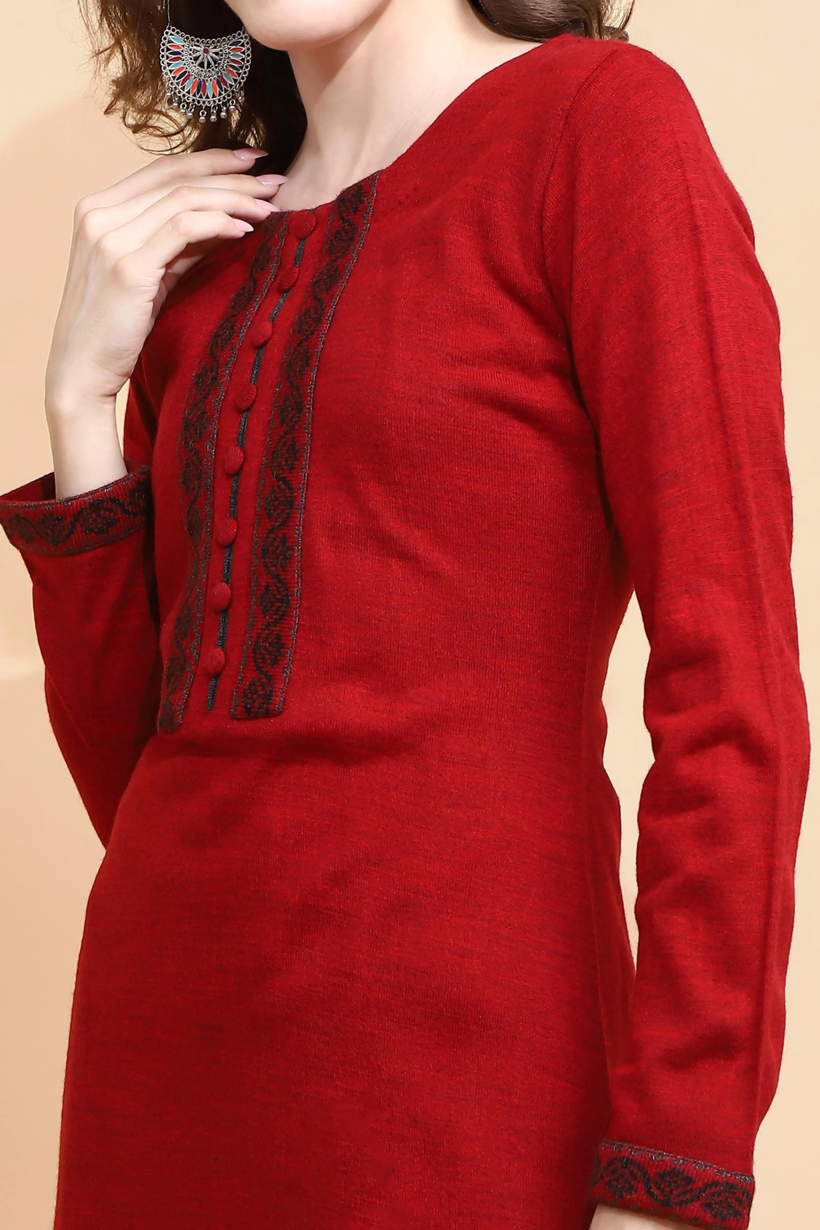 Maroon Woolen Regular Fit Kurta For Women - Global Republic