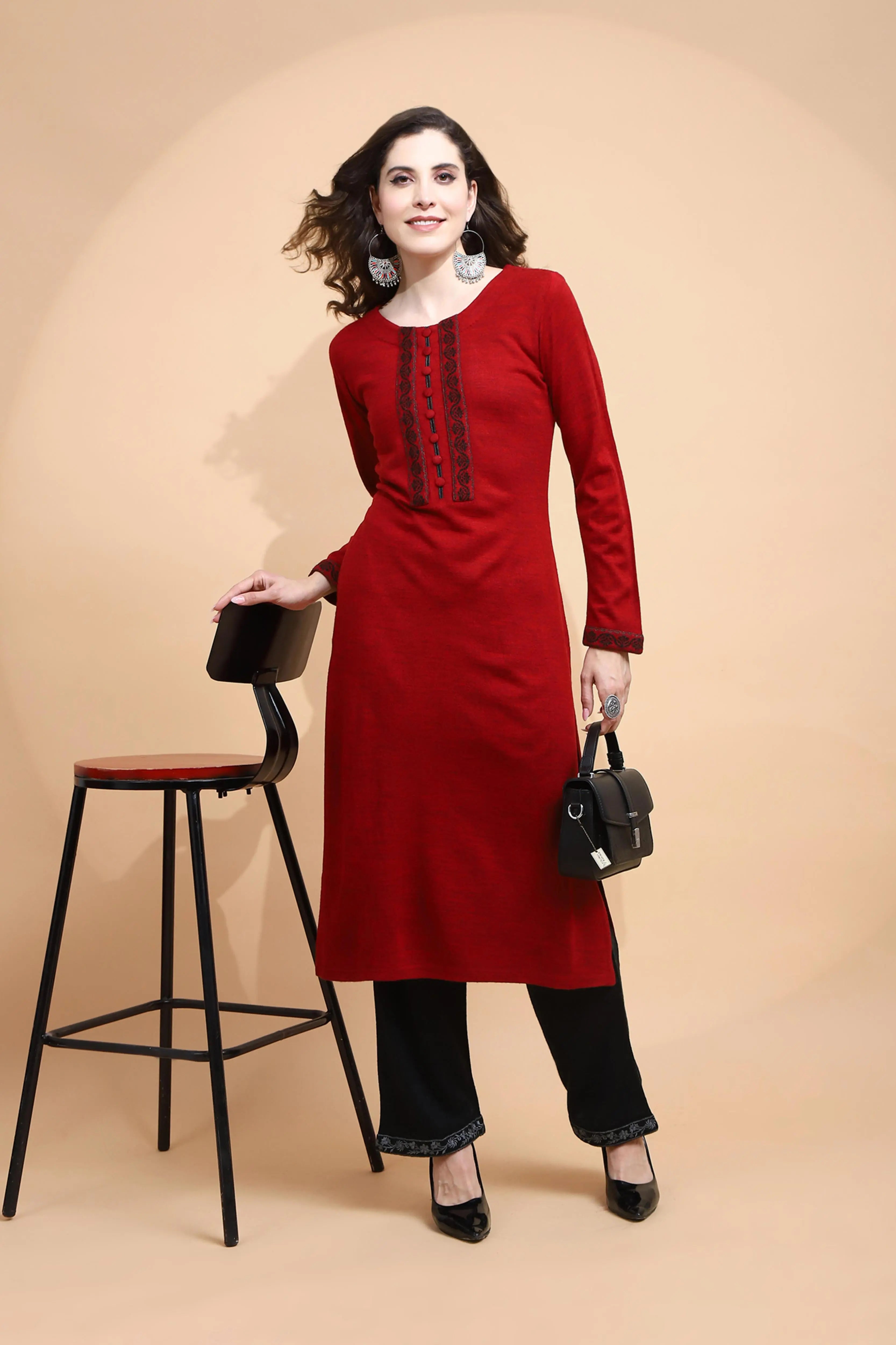 Maroon Woolen Regular Fit Kurta For Women - Global Republic