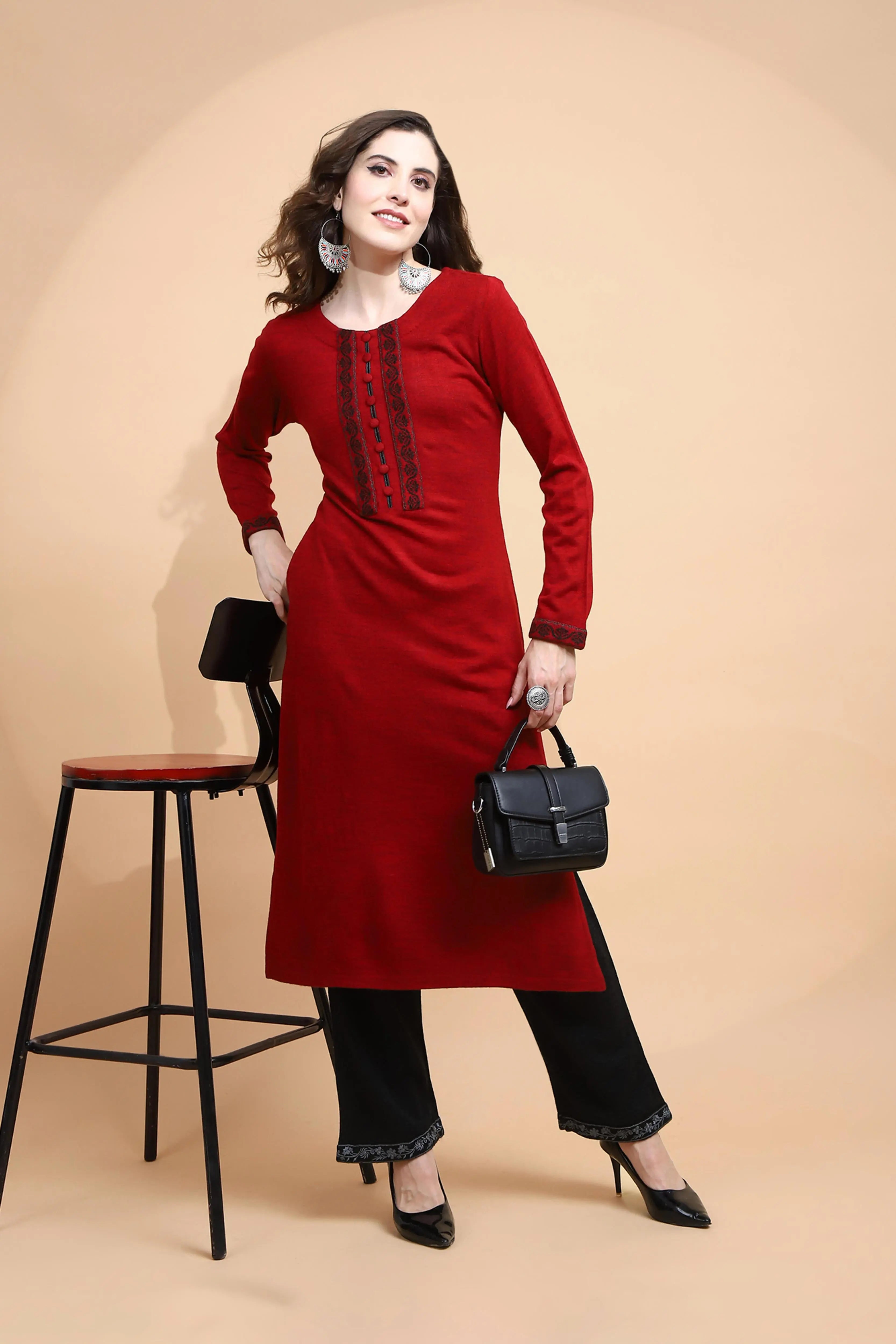 Maroon Woolen Regular Fit Kurta