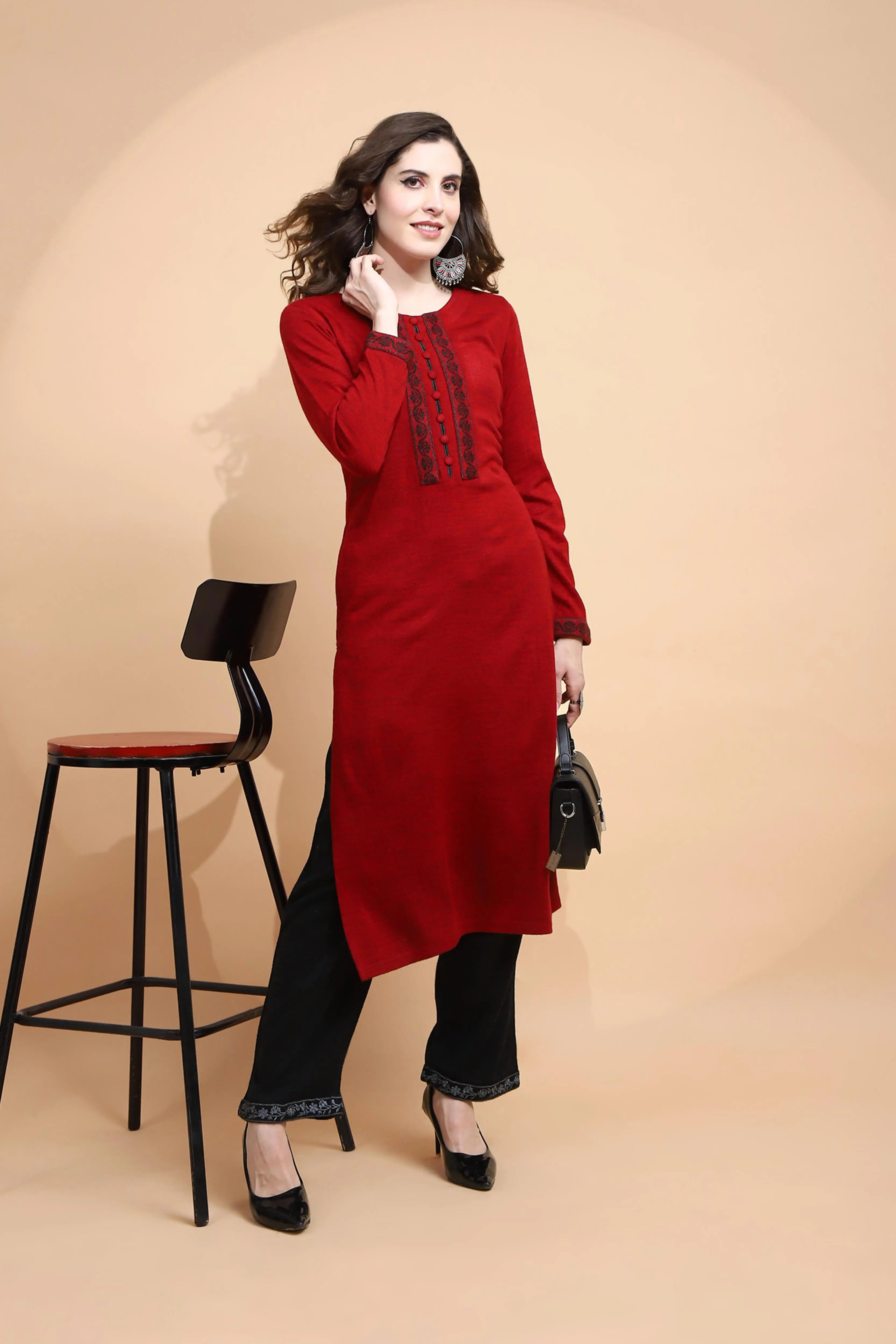 Maroon Woolen Regular Fit Kurta