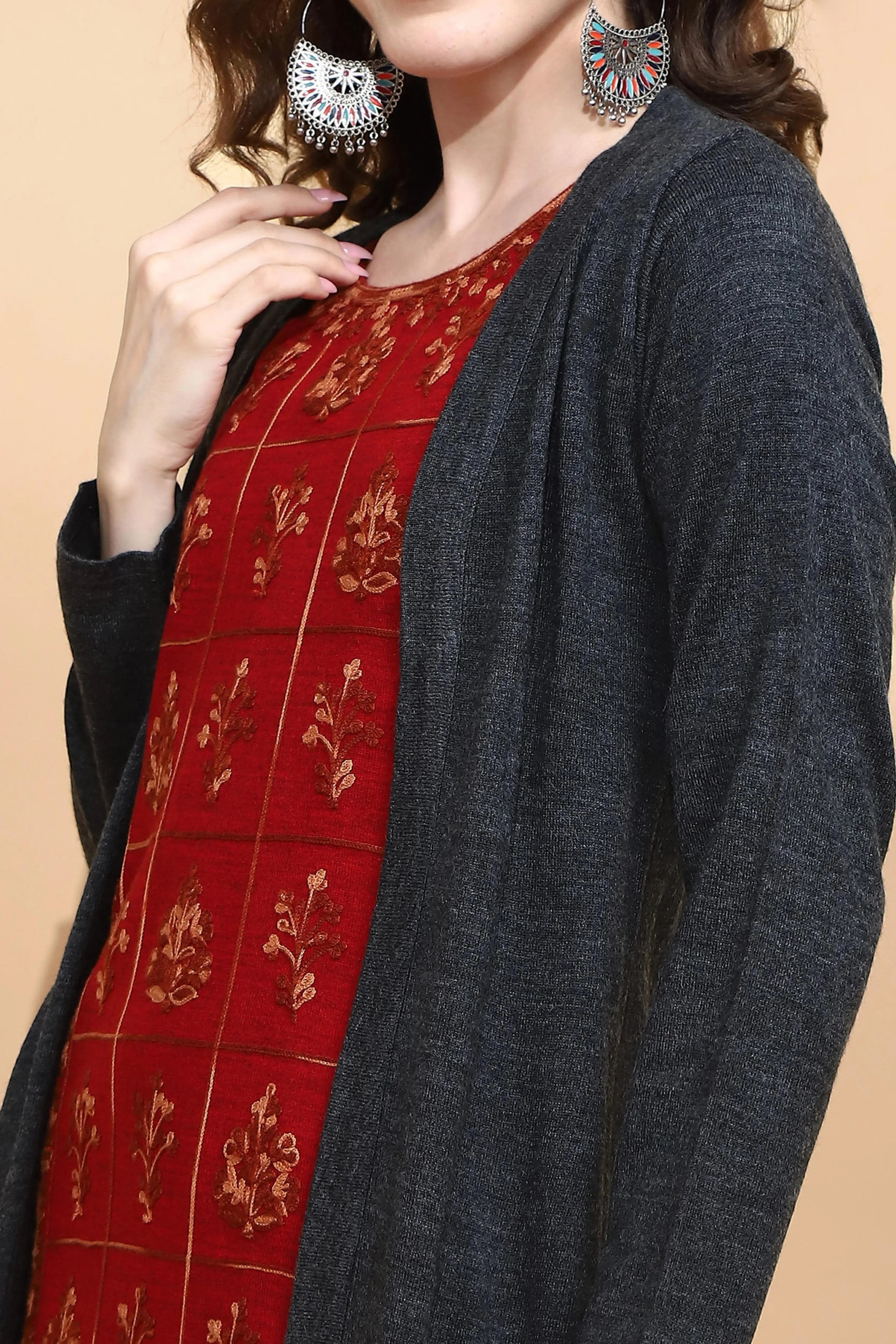 Maroon Embroidered Woolen Kurta - Global Republic