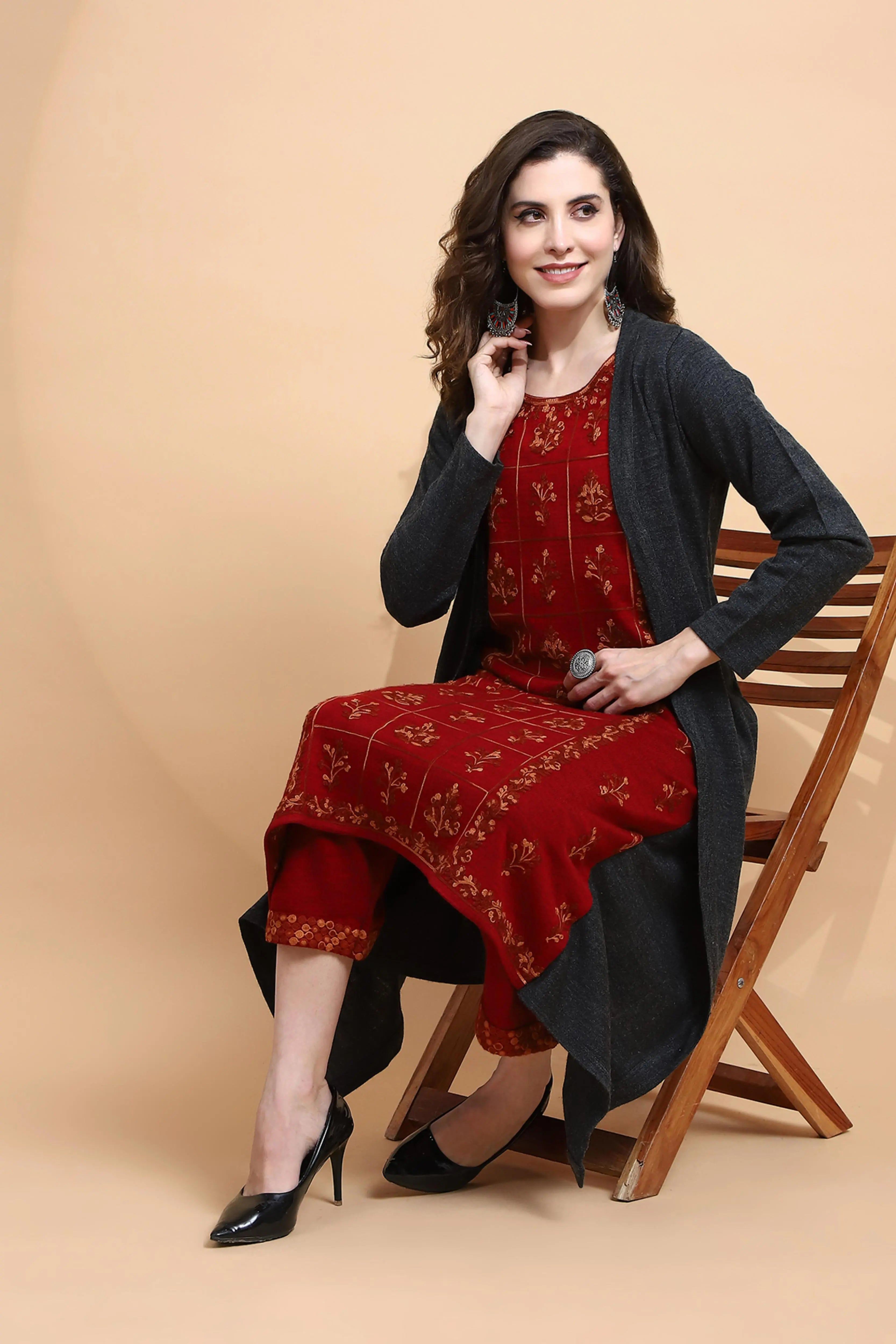 Maroon Embroidered Woolen Kurta - Global Republic