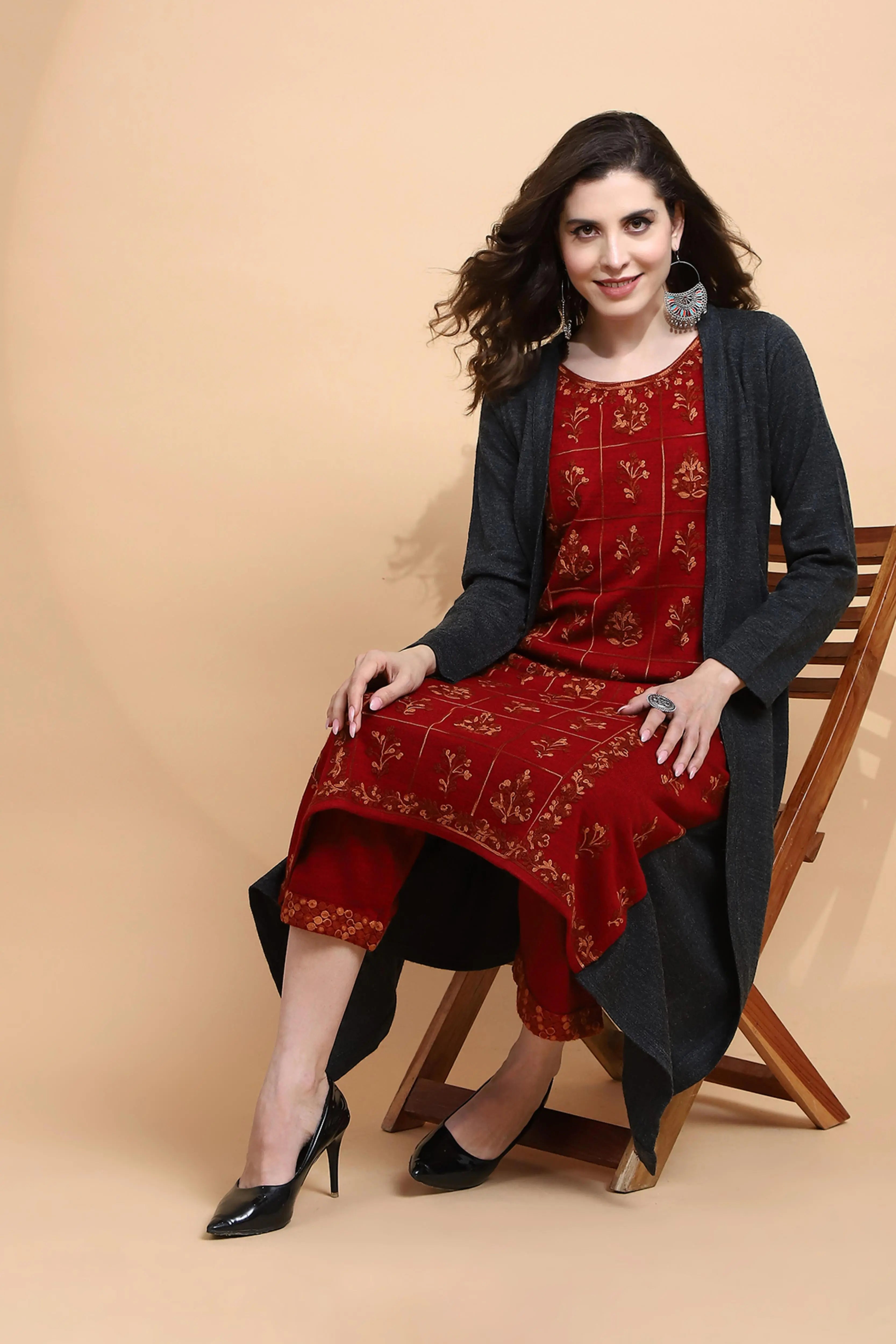 Maroon Embroidered Woolen Kurta