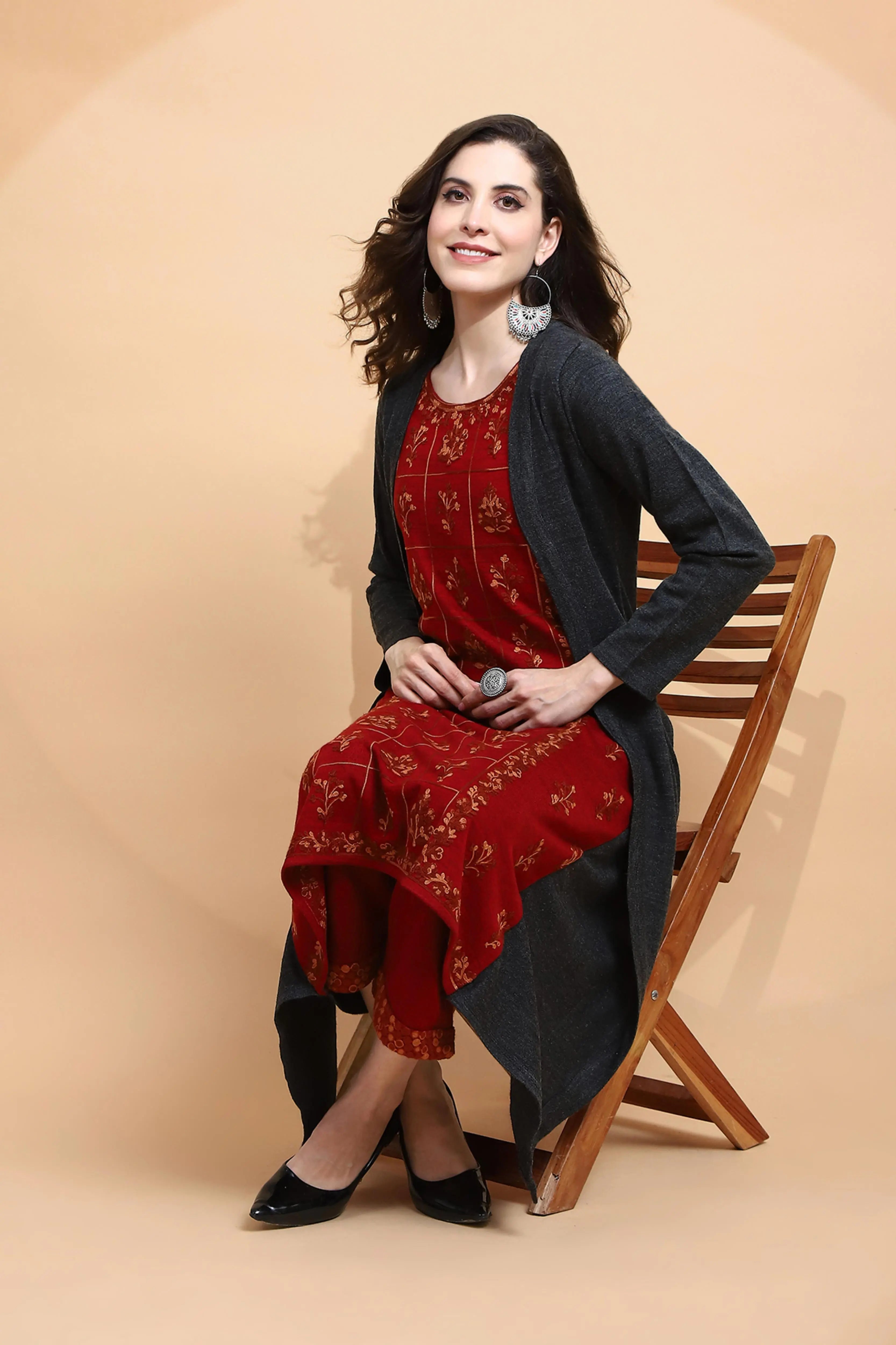 Maroon Embroidered Woolen Kurta