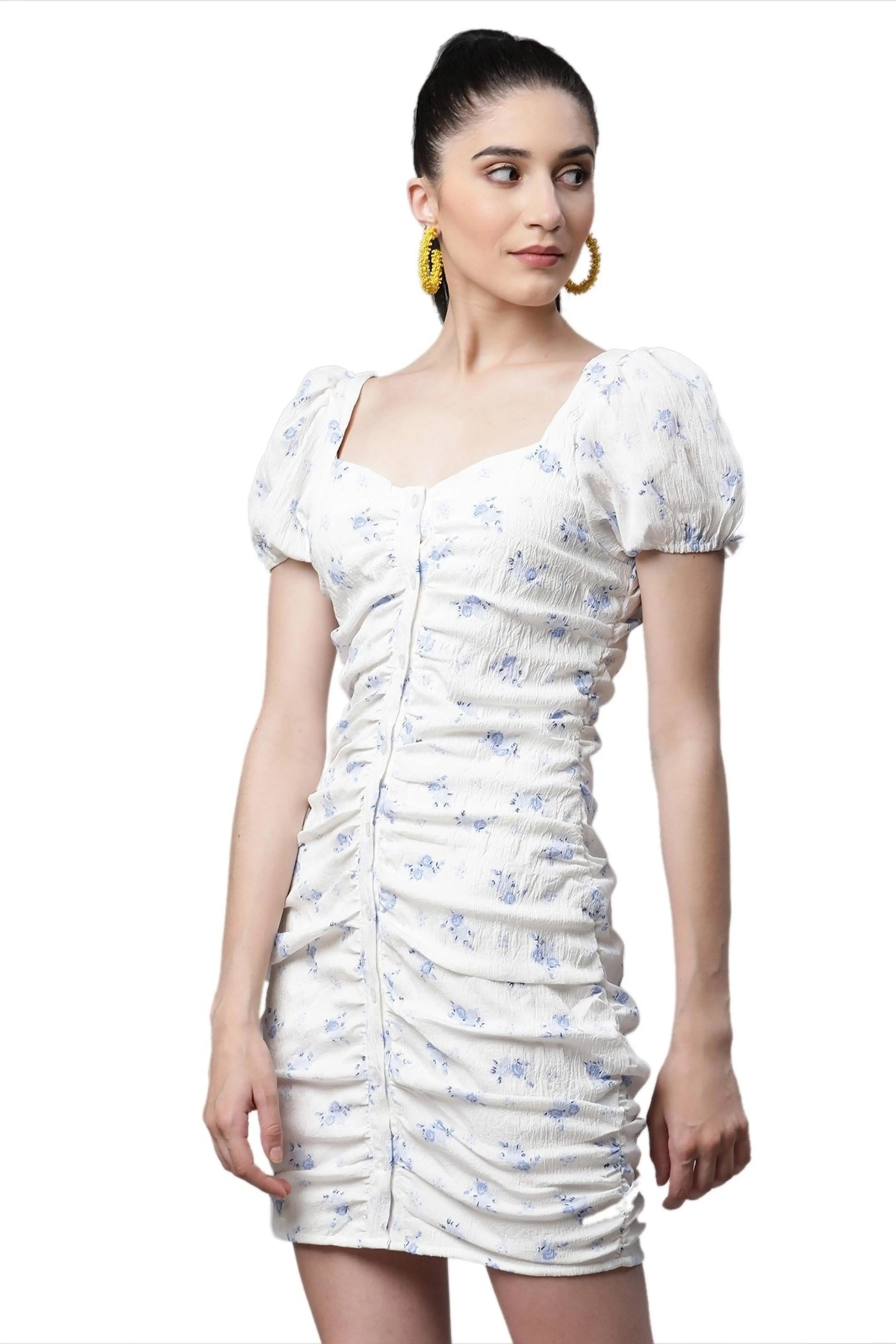 White Floral Ruched Bodycon Dress - Global Republic