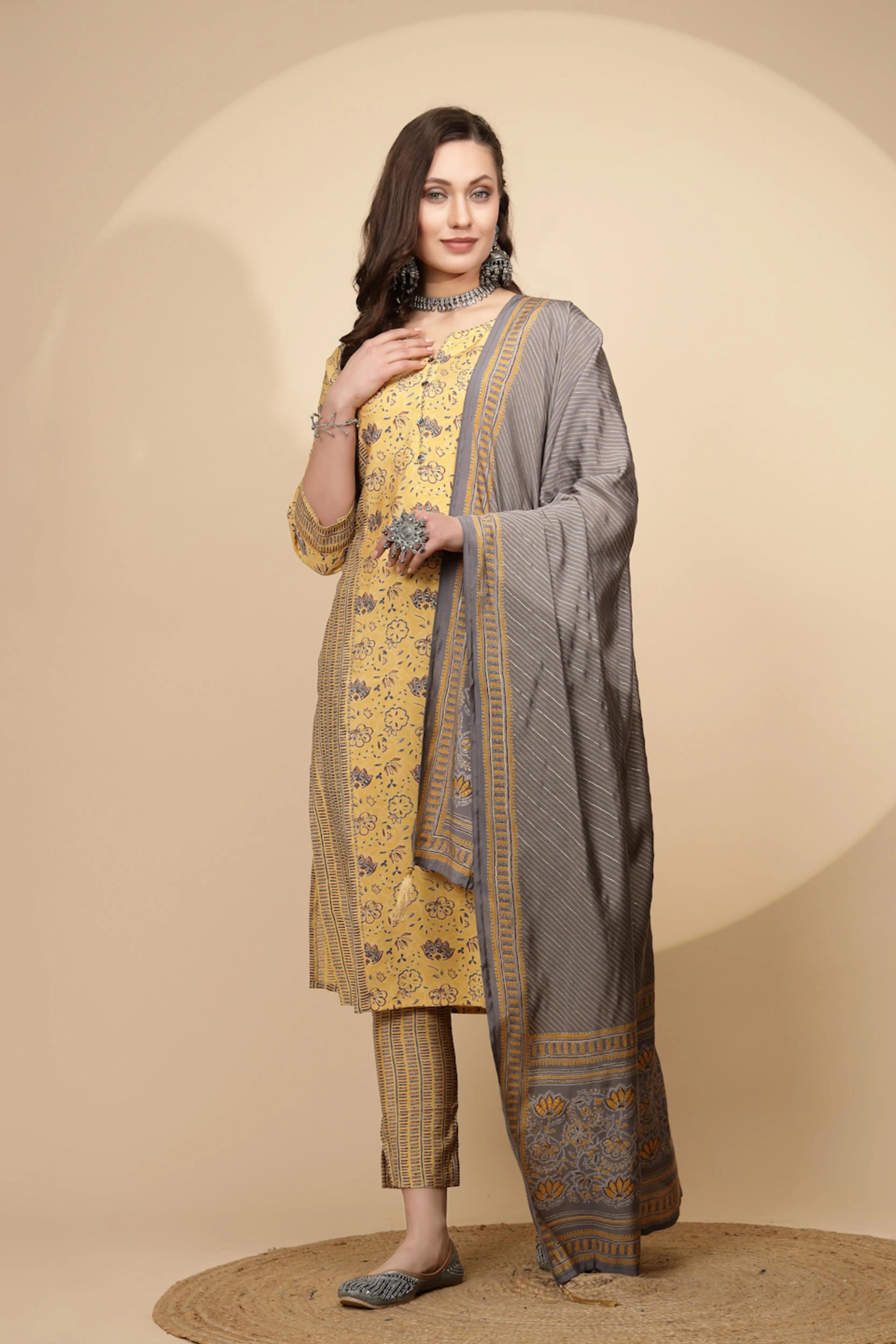 Yellow Cotton Suit Set For Women - Global Republic
