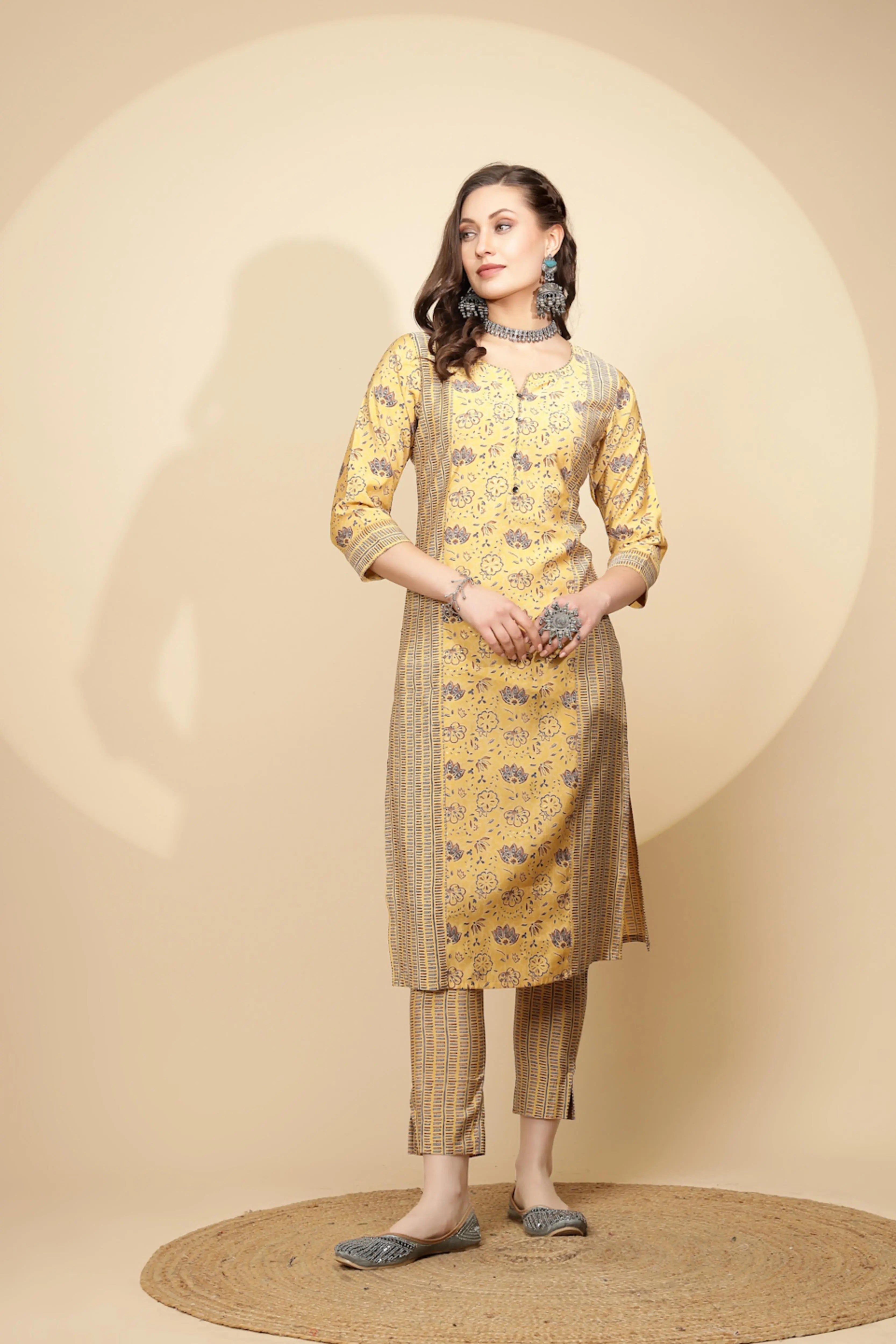 Yellow Cotton Suit Set For Women - Global Republic