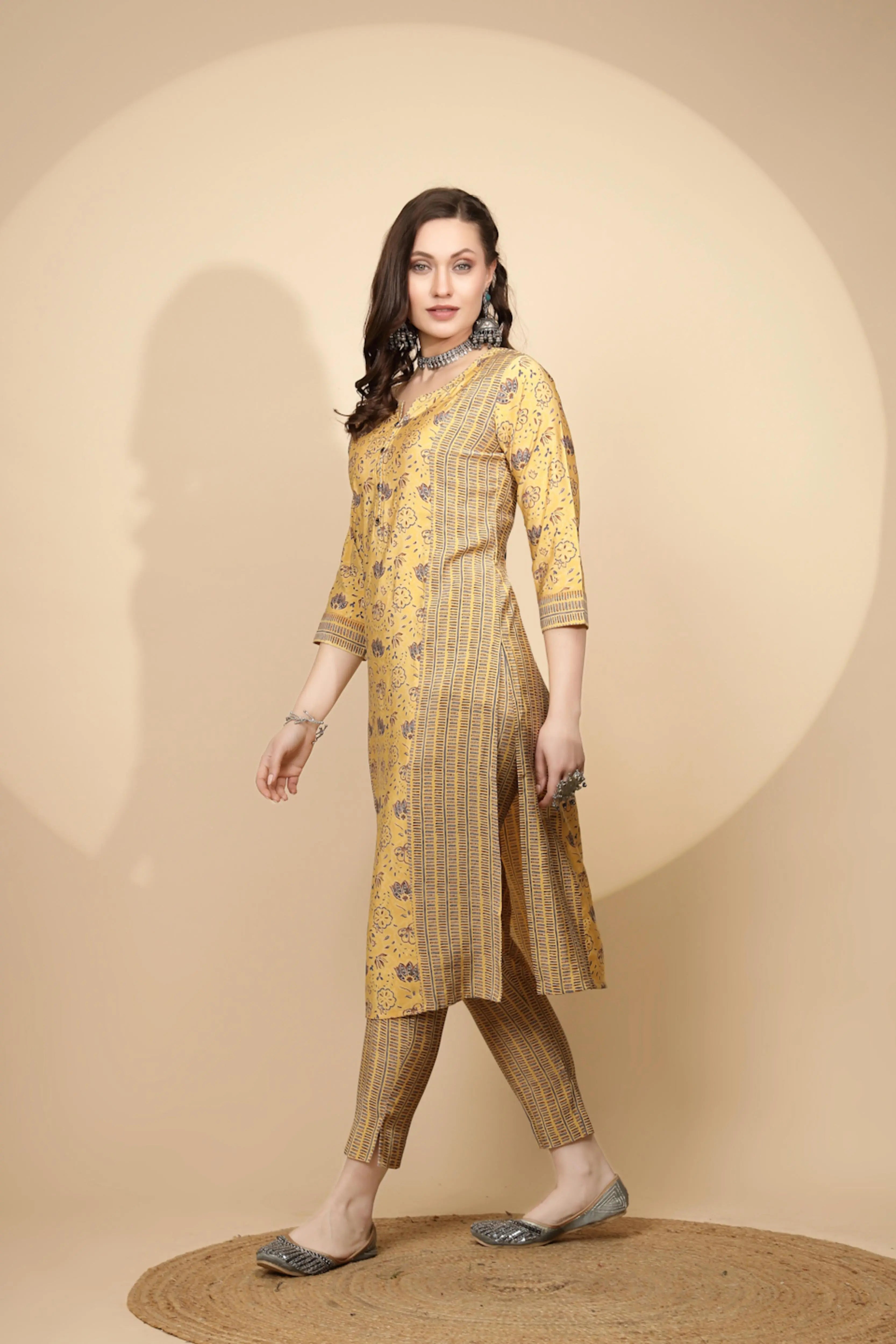 Yellow Cotton Suit Set For Women - Global Republic