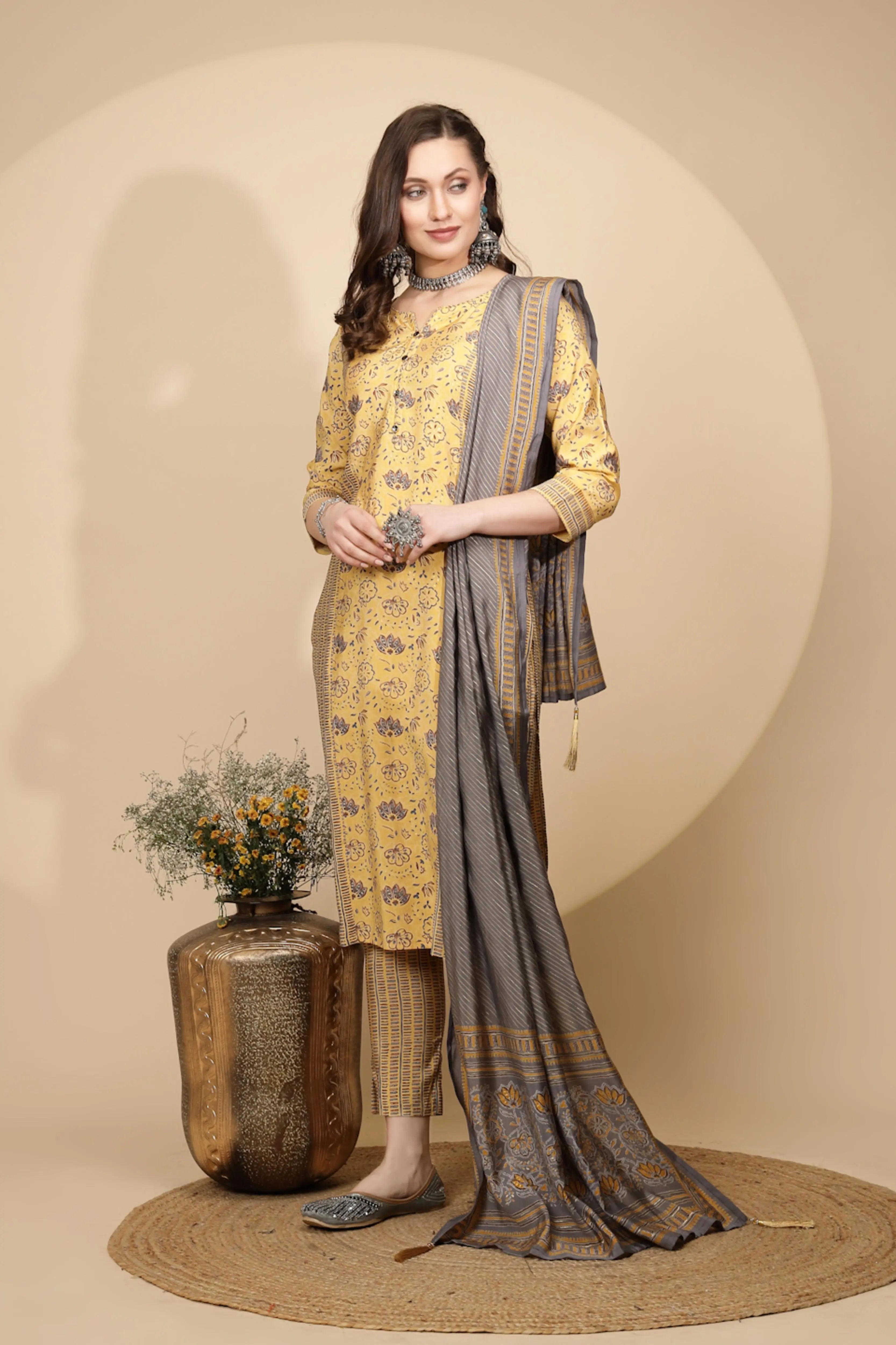 Yellow Cotton Suit Set For Women - Global Republic