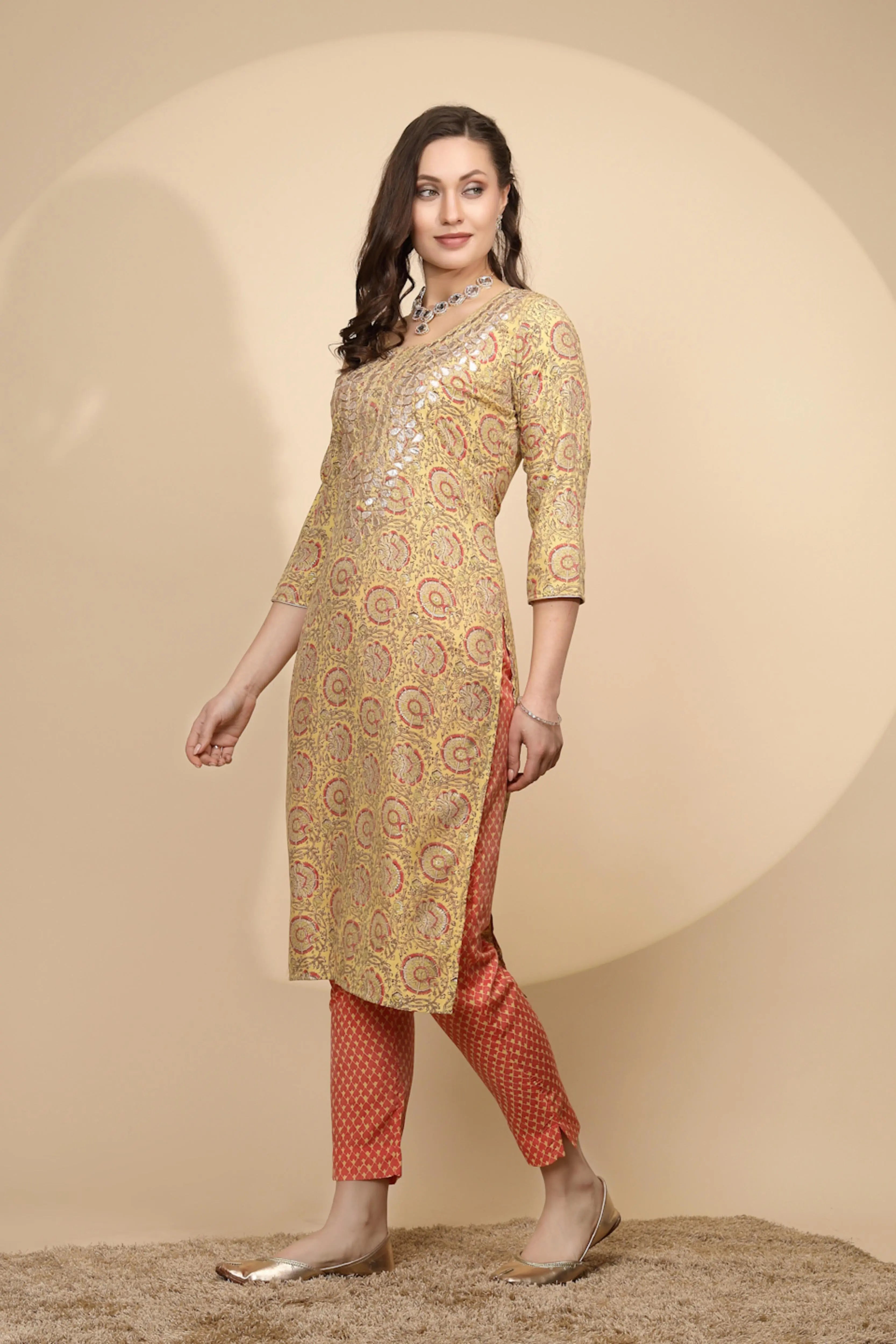 Yellow Printed Cotton Blend Kurta Set - Global Republic