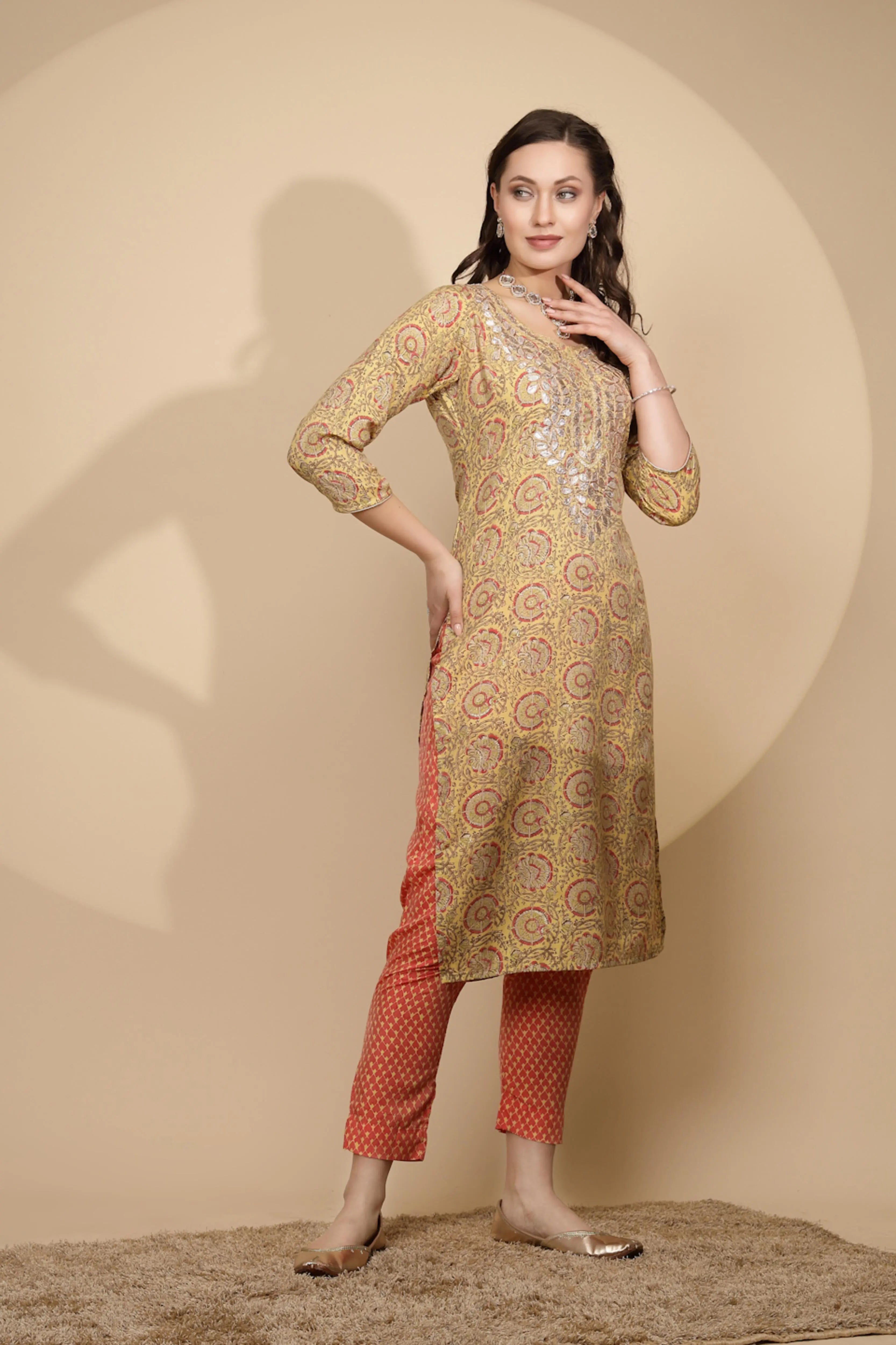 Yellow Printed Cotton Blend Kurta Set - Global Republic
