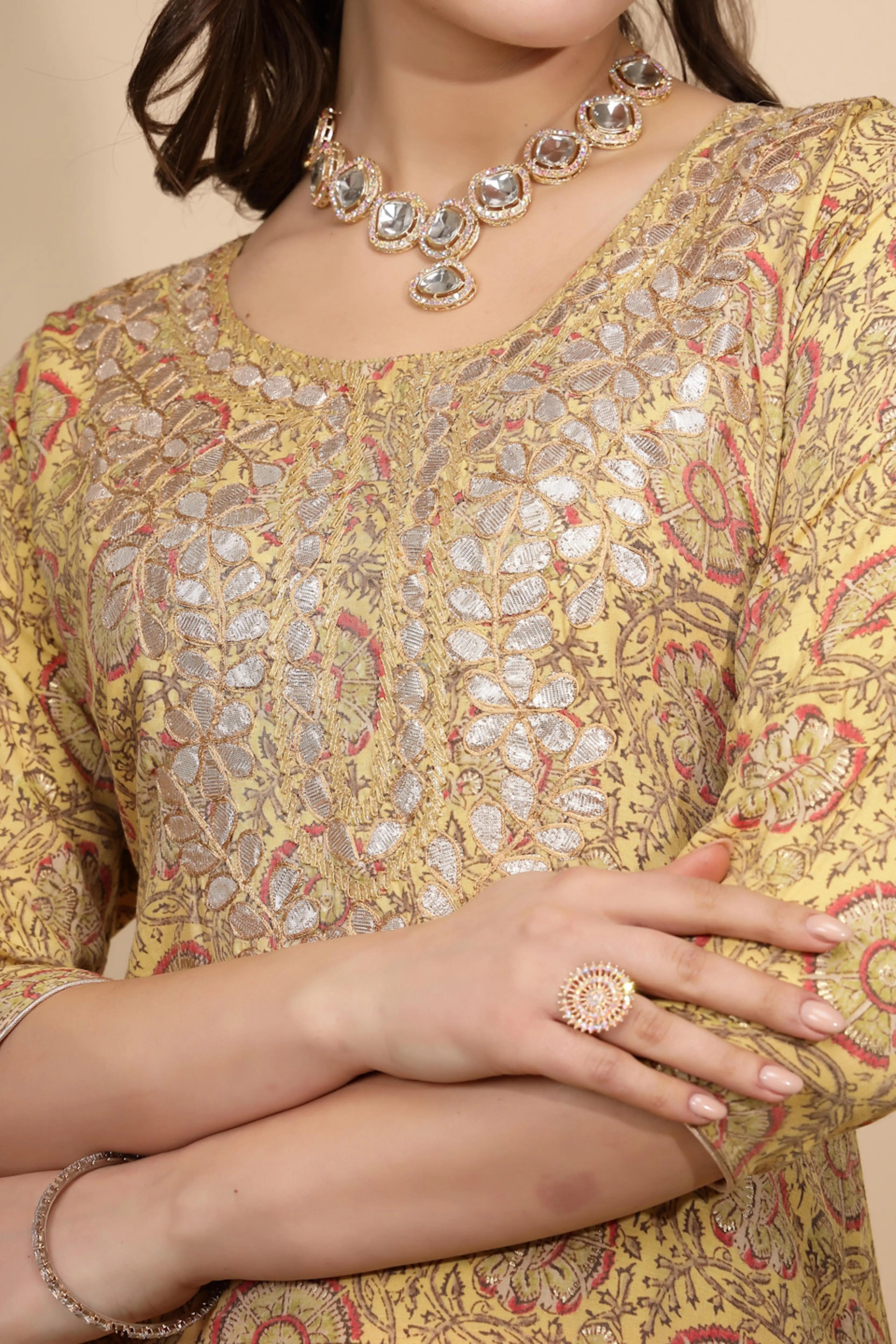 Yellow Printed Cotton Blend Kurta Set - Global Republic