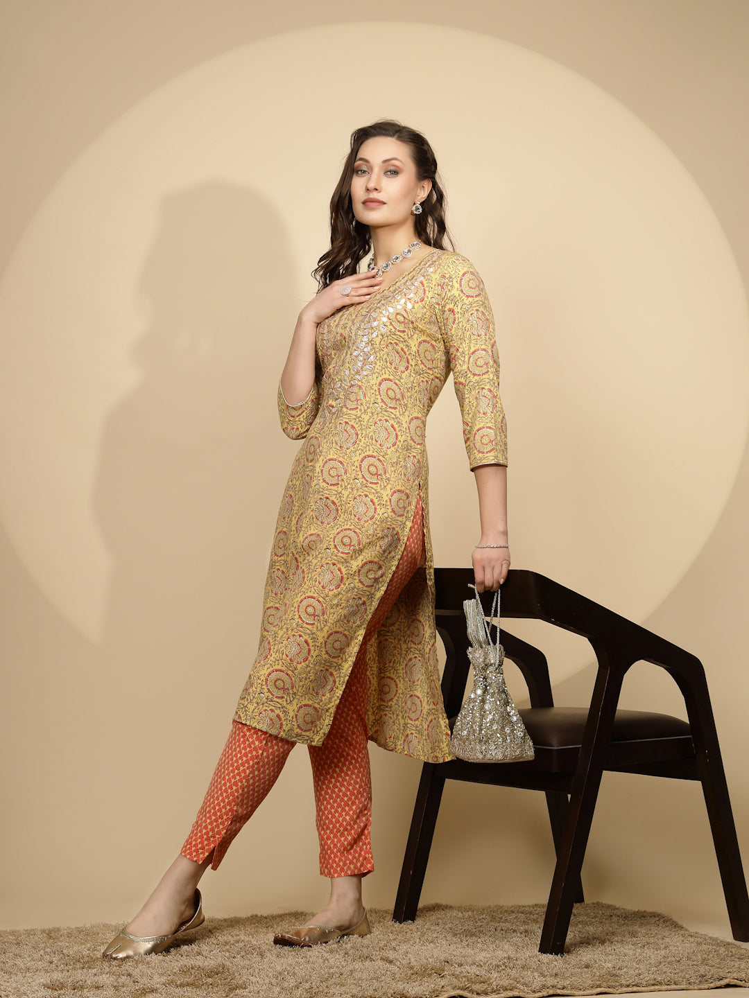 Yellow Printed Cotton Blend Kurta Set