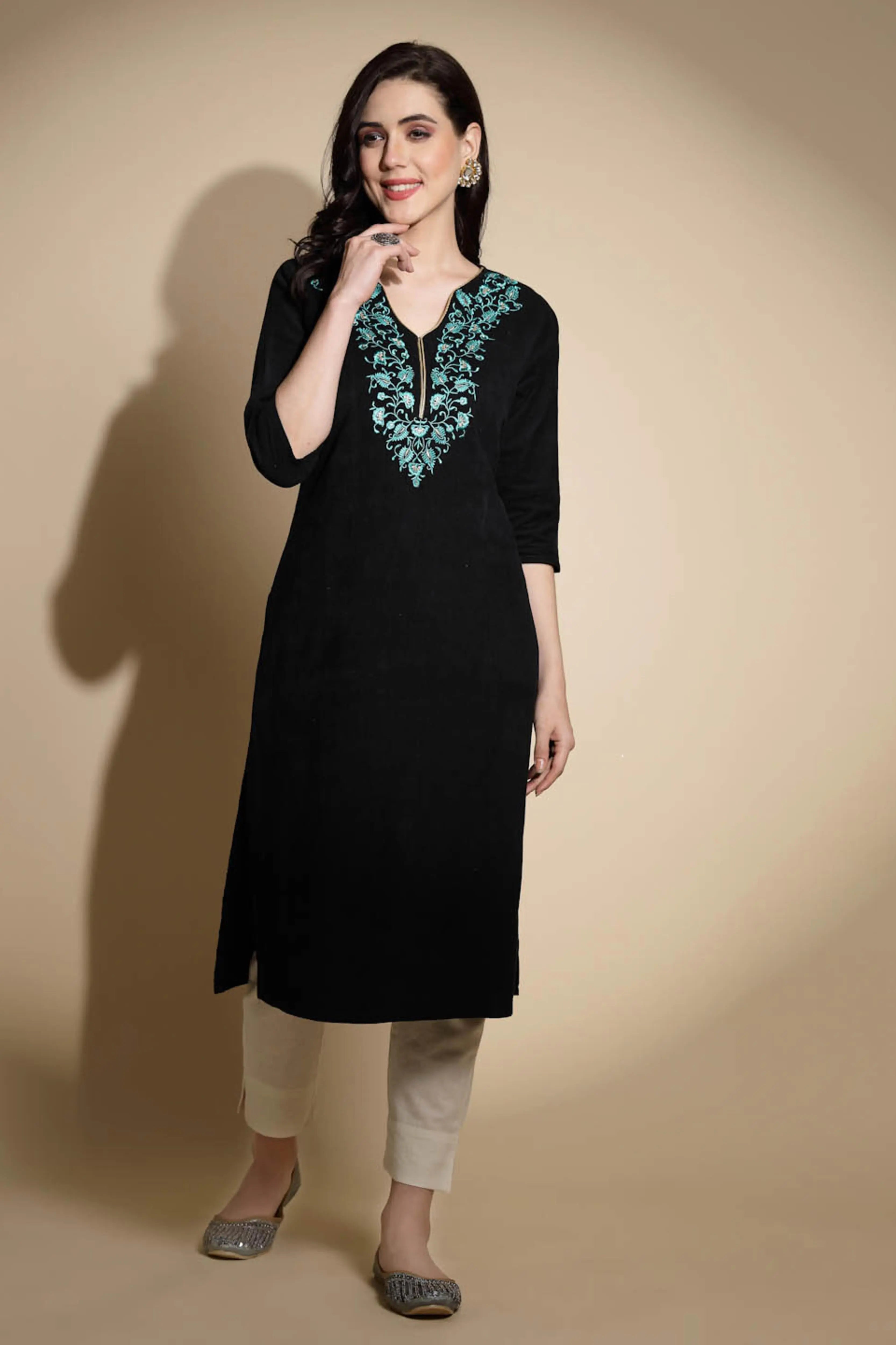 Black Embroidered Woolen Kurta