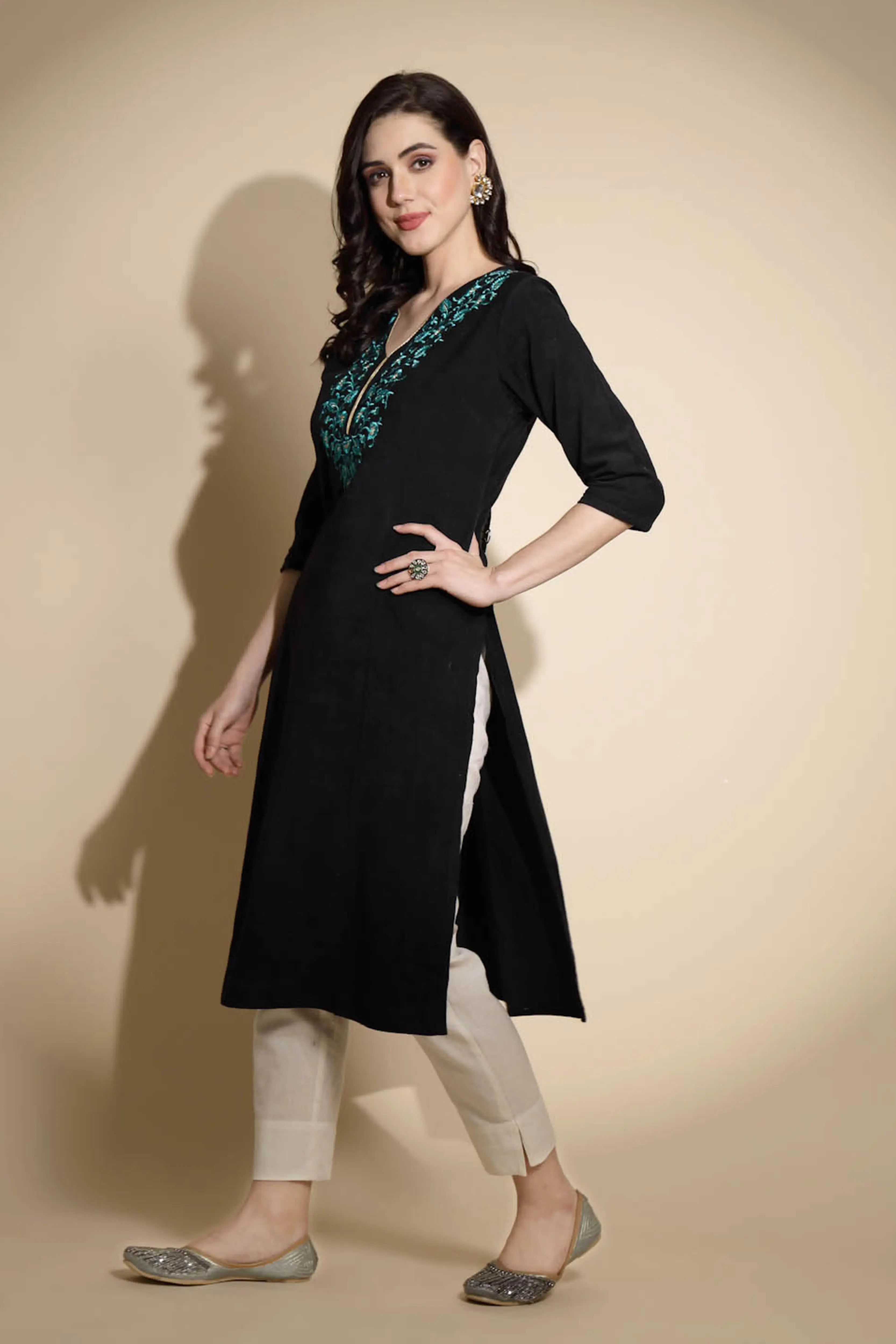 Black Embroidered Woolen Kurta