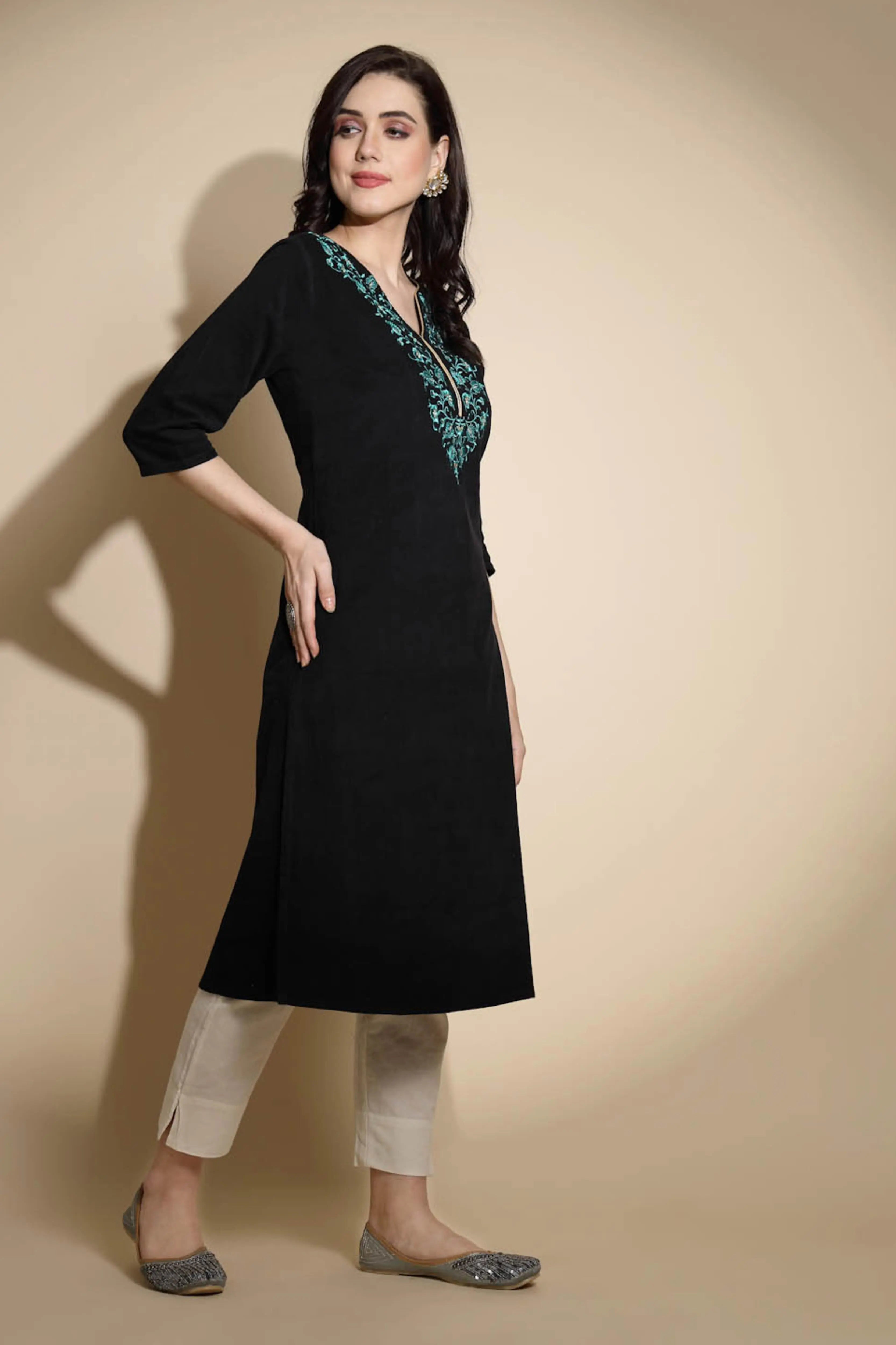Black Embroidered Woolen Kurta