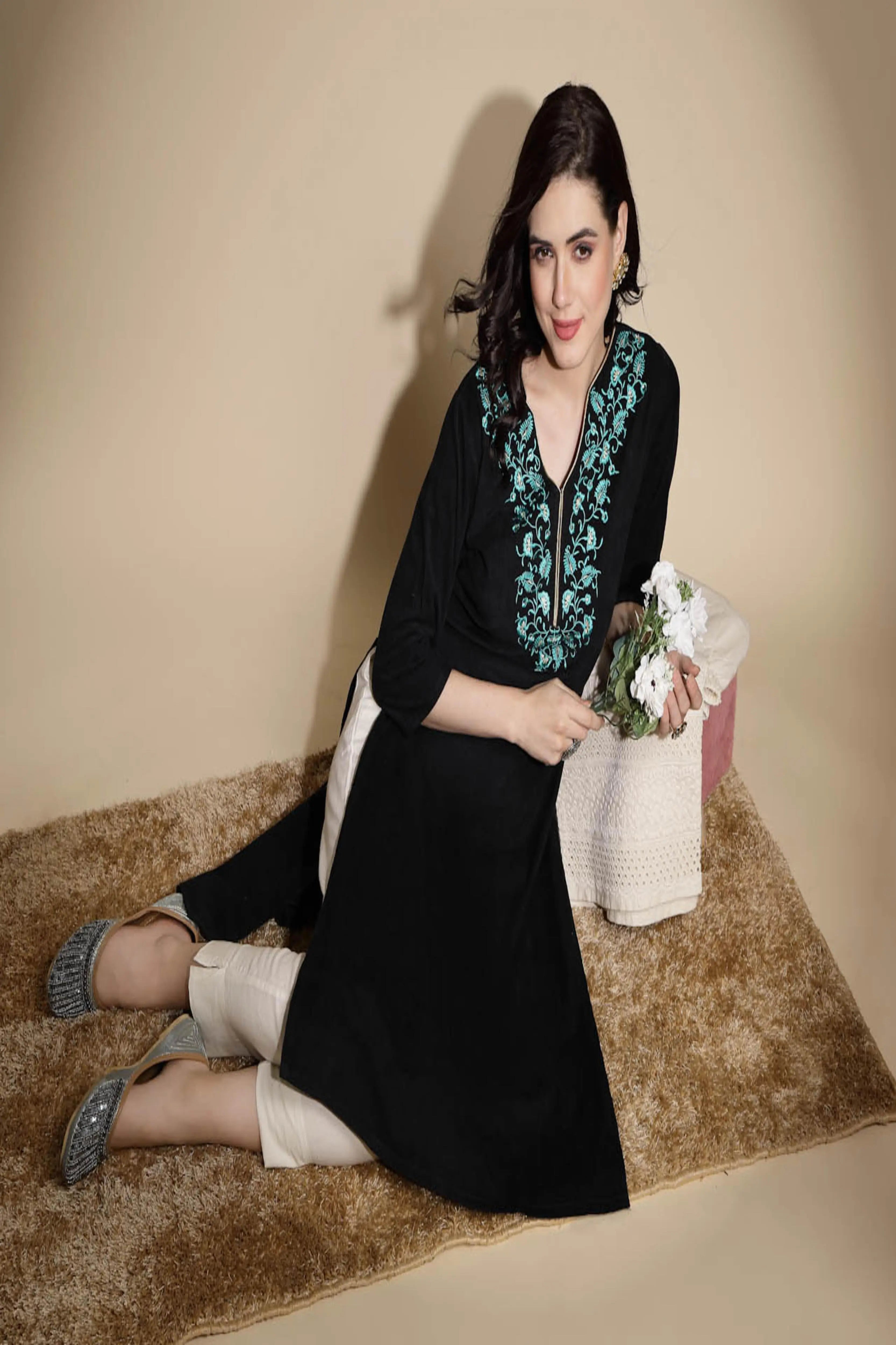 Black Embroidered Woolen Kurta