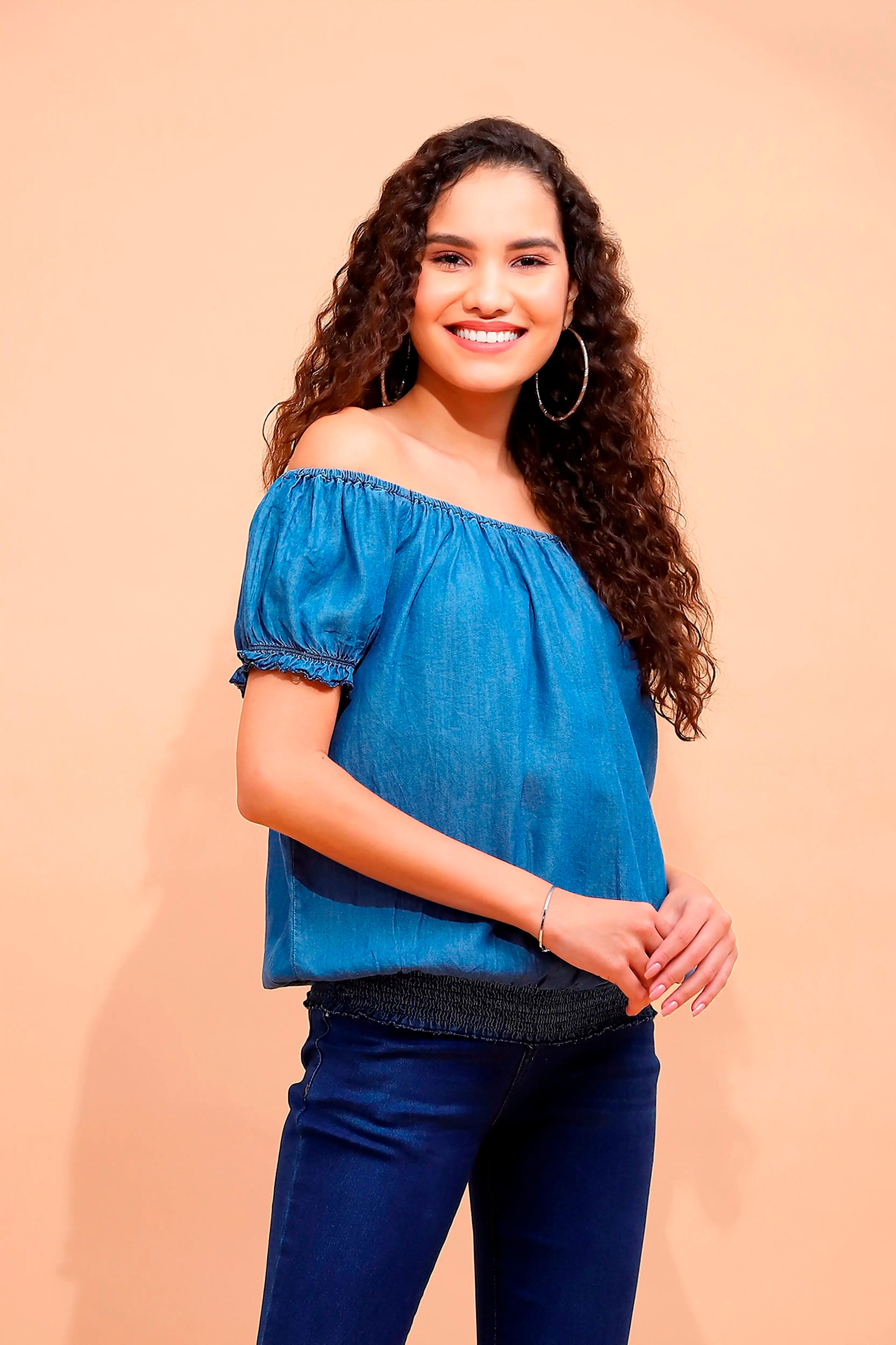 Blue Cotton Off-Shoulder Top