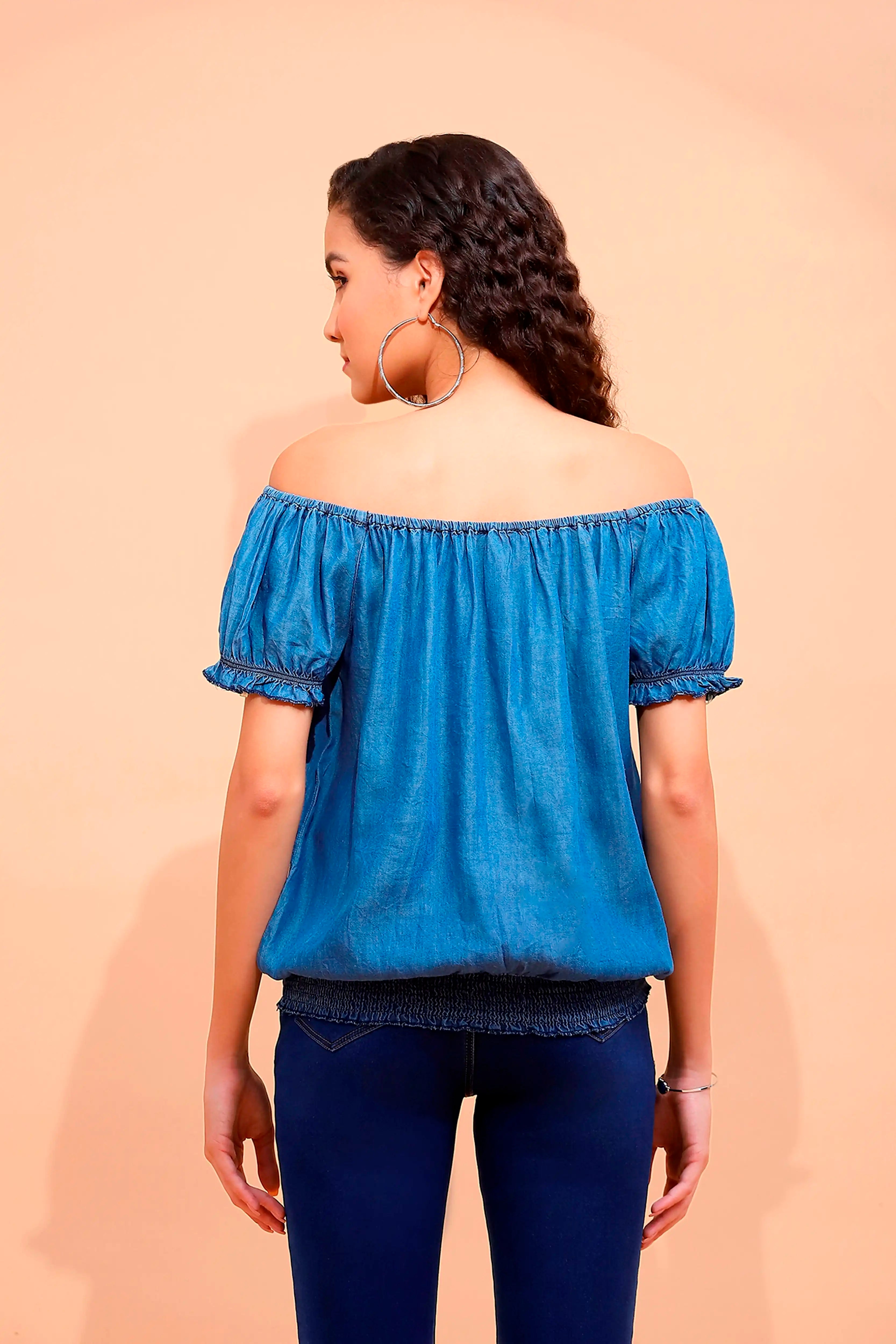 Blue Cotton Off-Shoulder Top