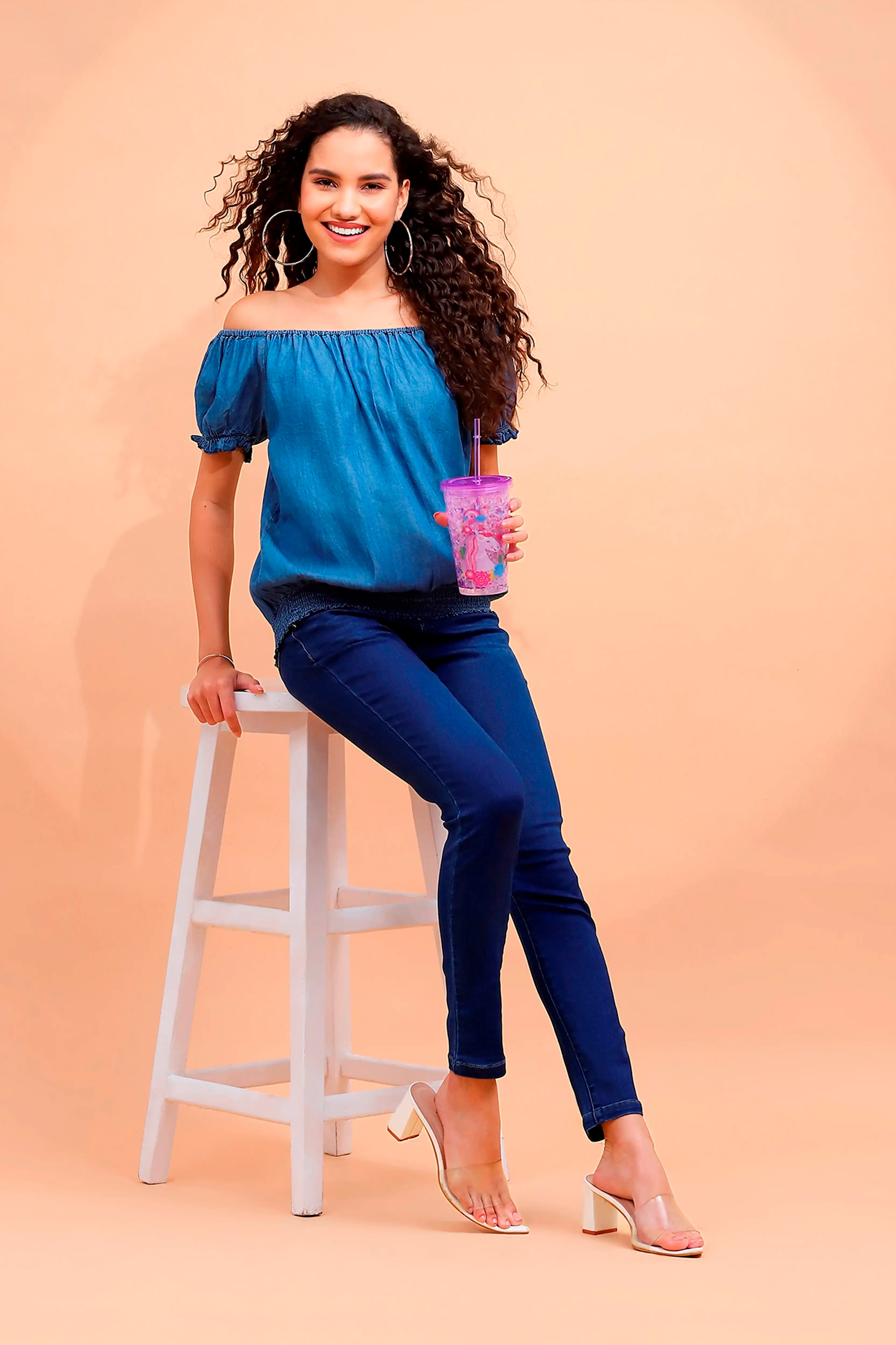 Blue Cotton Off-Shoulder Top