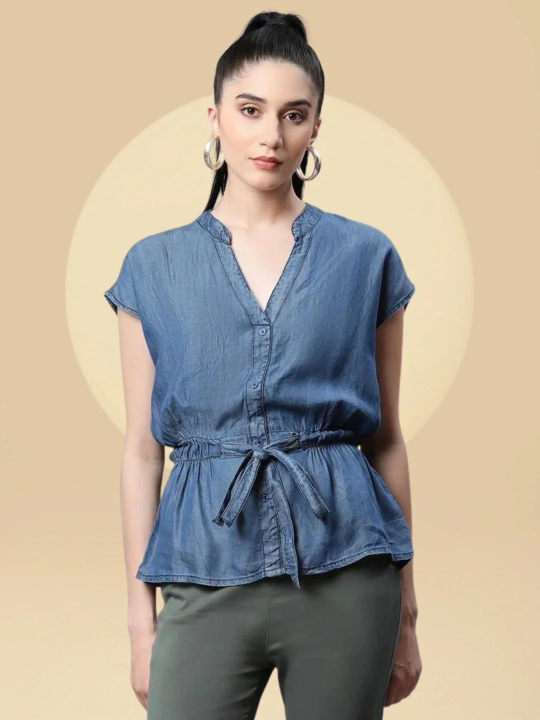 Blue Denim Regular Fit Blouson Top - Global Republic