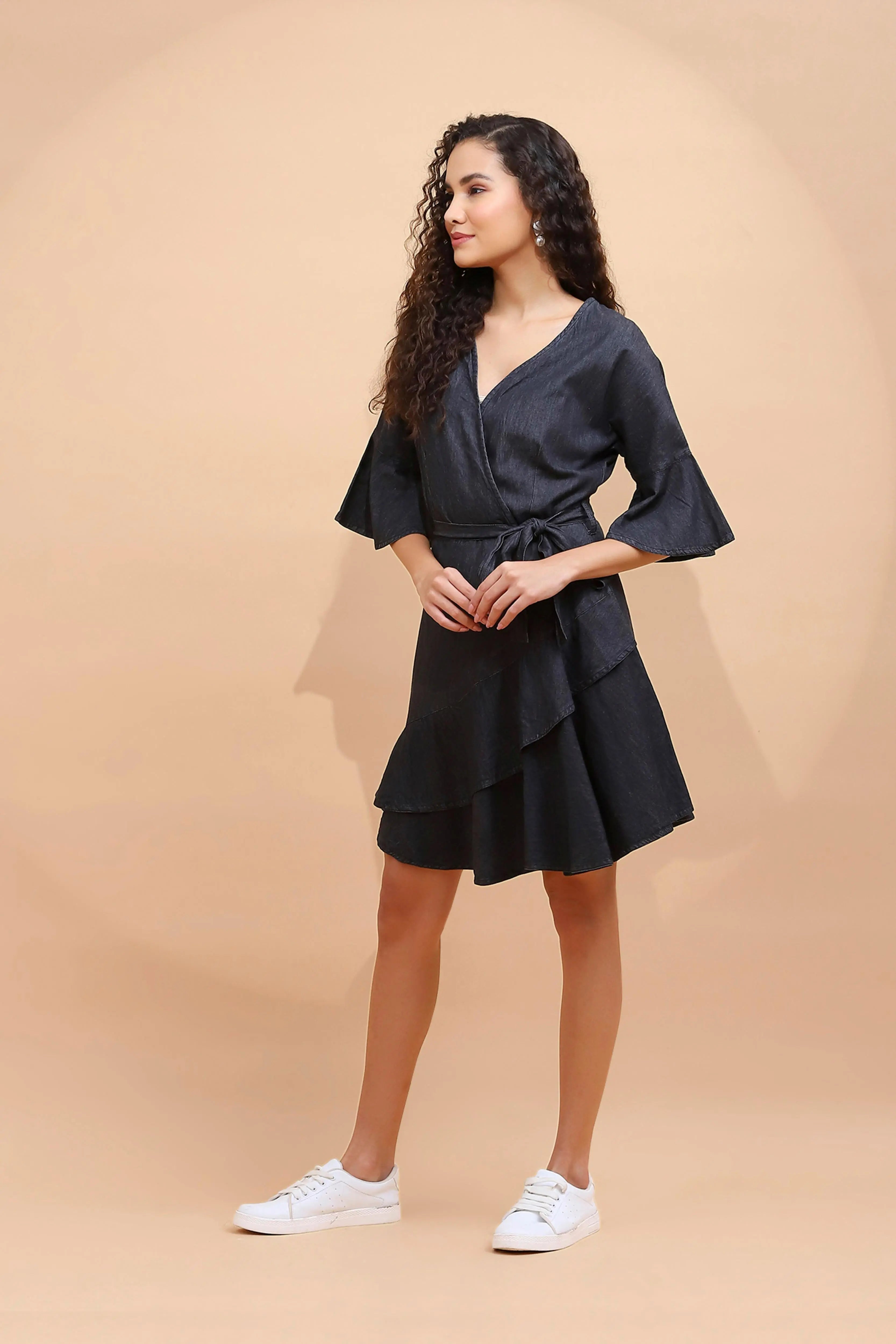 Black Cotton Blend Flared Wrap Dress - Global Republic