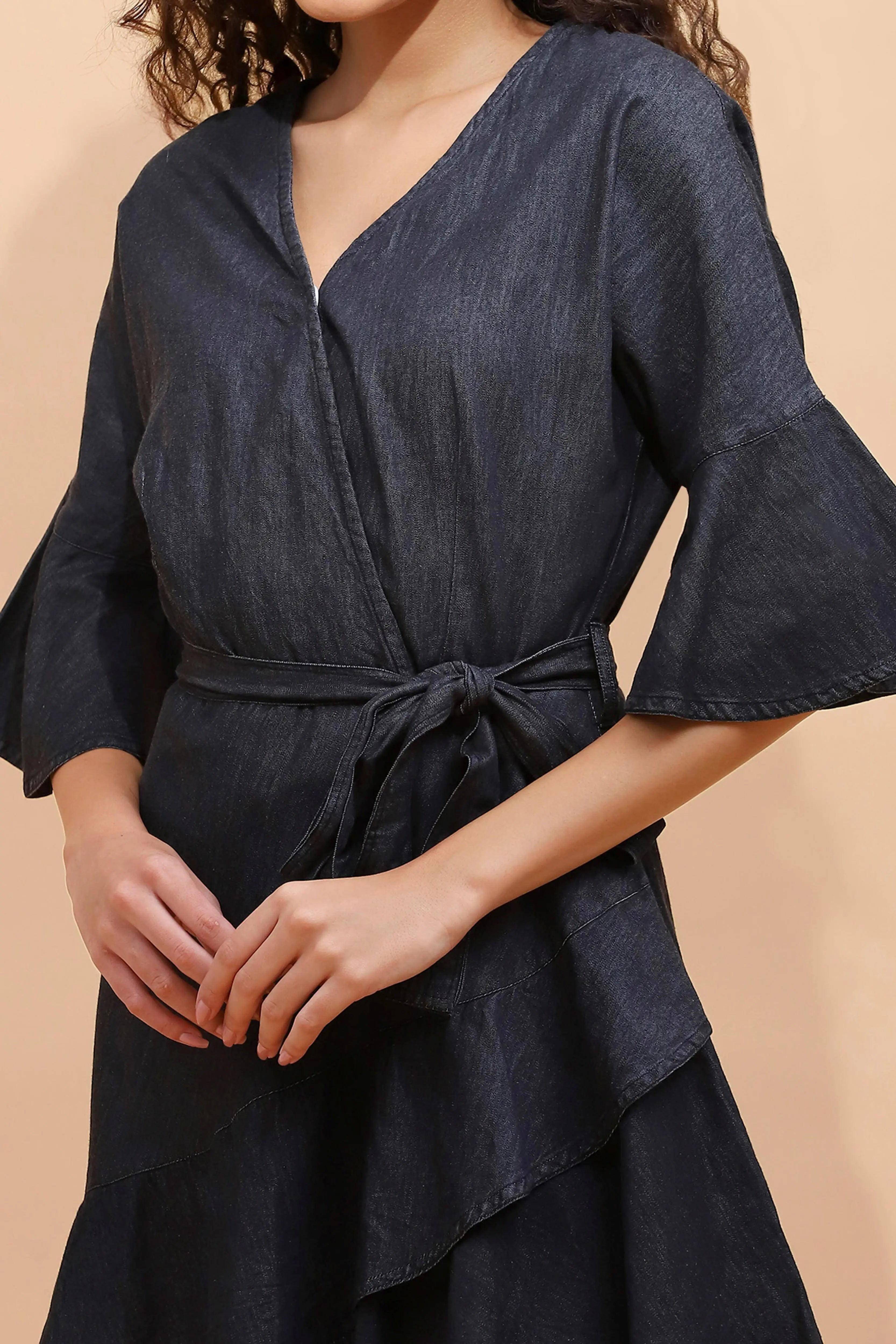 Black Cotton Blend Flared Wrap Dress - Global Republic